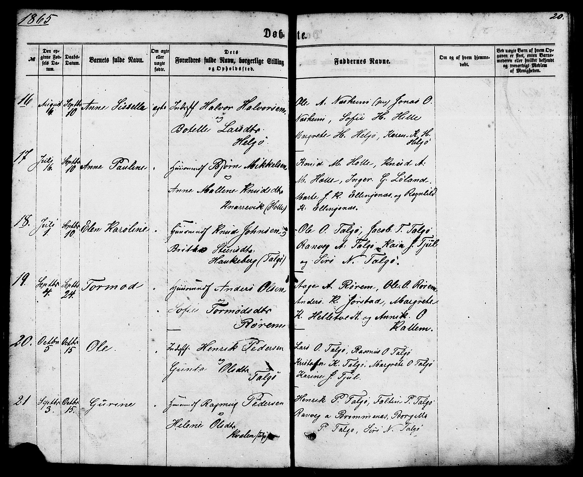 Nedstrand sokneprestkontor, AV/SAST-A-101841/01/IV: Ministerialbok nr. A 10, 1861-1887, s. 20