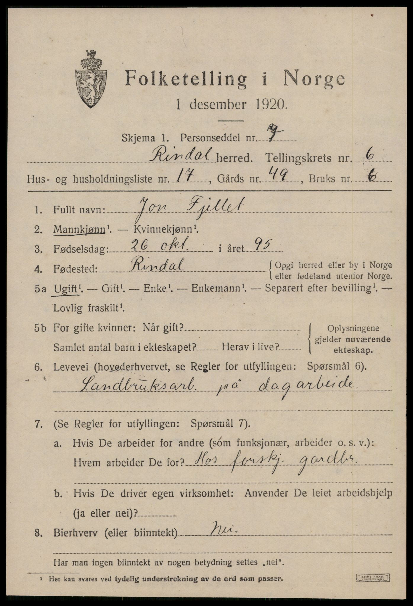 SAT, Folketelling 1920 for 1567 Rindal herred, 1920, s. 3534