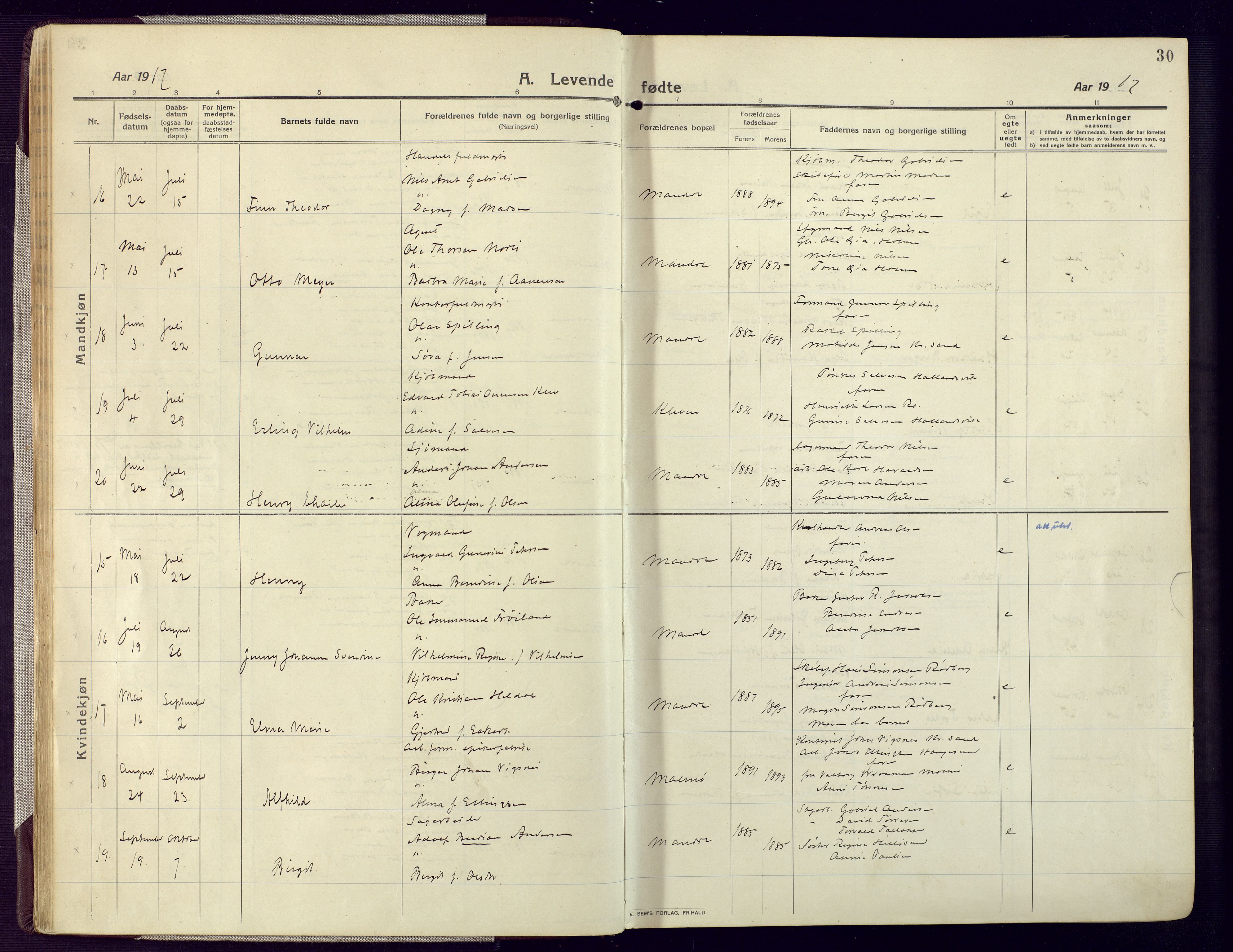 Mandal sokneprestkontor, AV/SAK-1111-0030/F/Fa/Fac/L0001: Ministerialbok nr. A 1, 1913-1925, s. 30