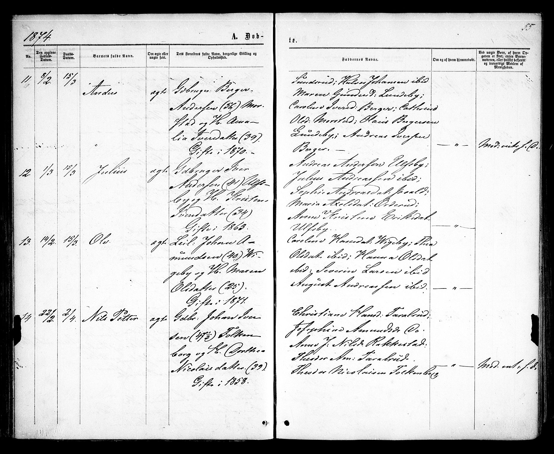 Rødenes prestekontor Kirkebøker, AV/SAO-A-2005/F/Fa/L0008: Ministerialbok nr. I 8, 1869-1879, s. 55