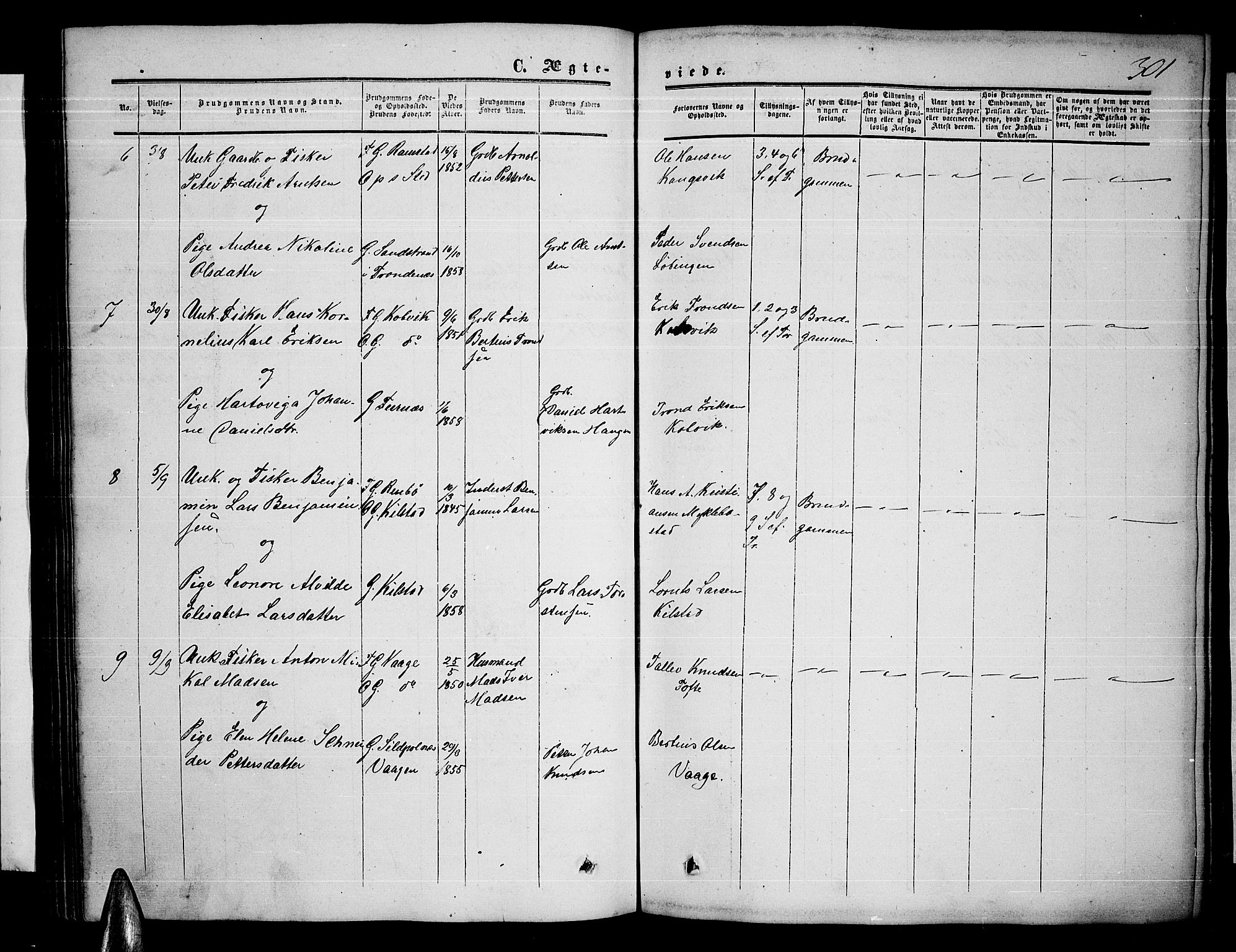 Ministerialprotokoller, klokkerbøker og fødselsregistre - Nordland, AV/SAT-A-1459/872/L1046: Klokkerbok nr. 872C02, 1852-1879, s. 301