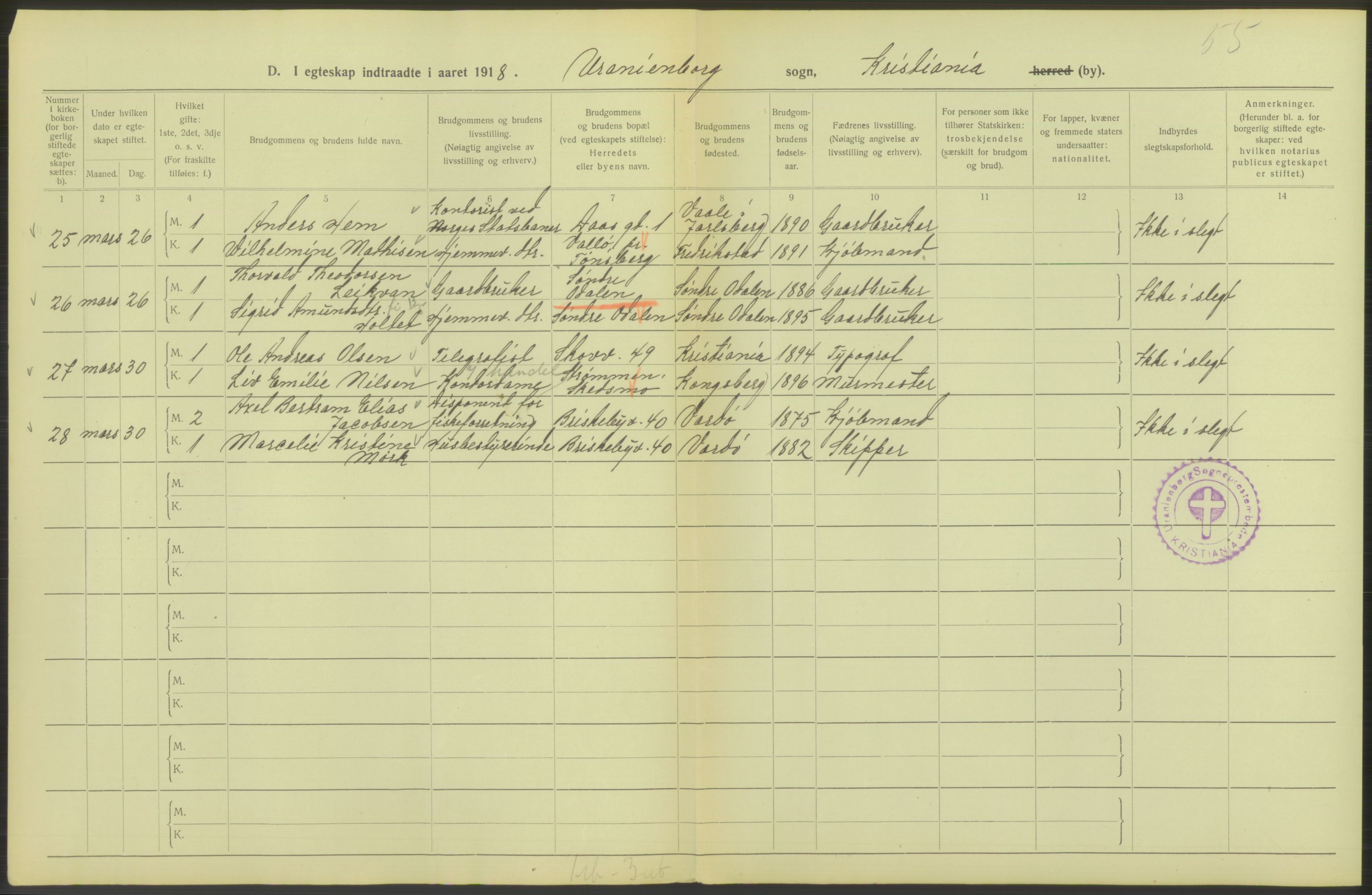 Statistisk sentralbyrå, Sosiodemografiske emner, Befolkning, AV/RA-S-2228/D/Df/Dfb/Dfbh/L0009: Kristiania: Gifte, 1918, s. 8