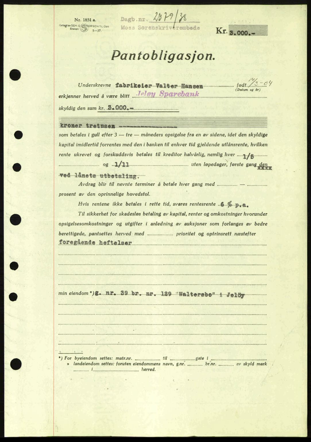 Moss sorenskriveri, SAO/A-10168: Pantebok nr. B6, 1938-1938, Dagboknr: 2379/1938