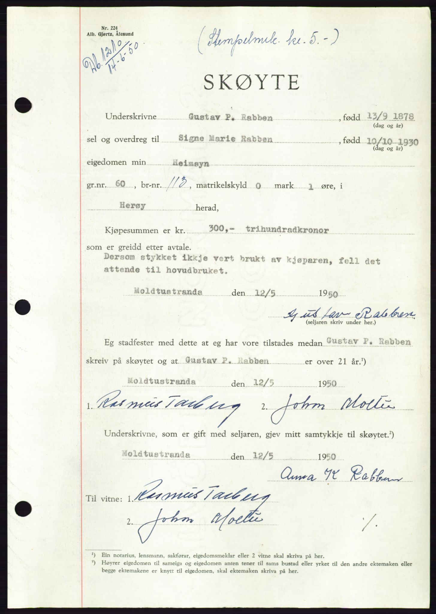 Søre Sunnmøre sorenskriveri, AV/SAT-A-4122/1/2/2C/L0087: Pantebok nr. 13A, 1950-1950, Dagboknr: 1210/1950