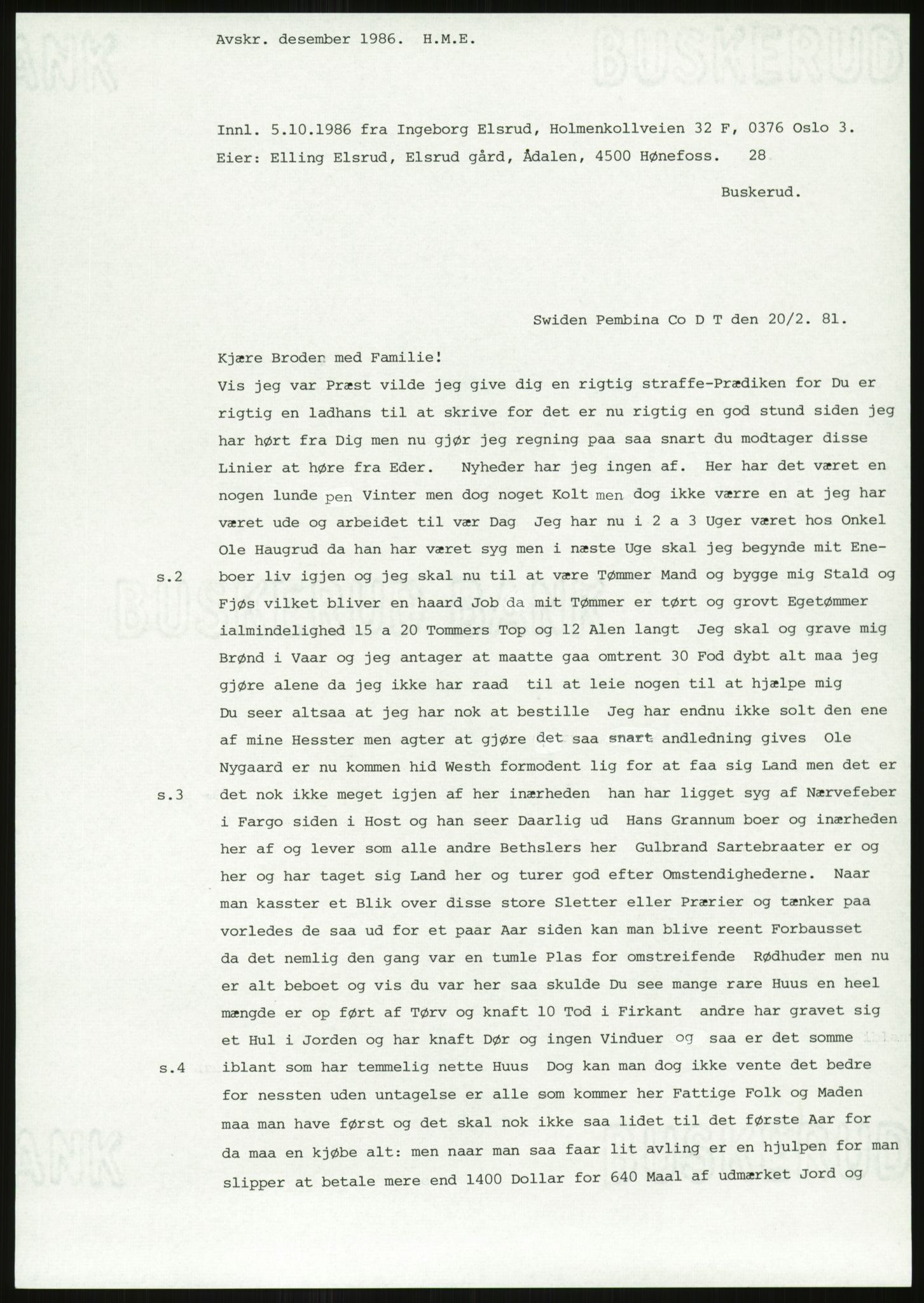 Samlinger til kildeutgivelse, Amerikabrevene, AV/RA-EA-4057/F/L0018: Innlån fra Buskerud: Elsrud, 1838-1914, s. 605