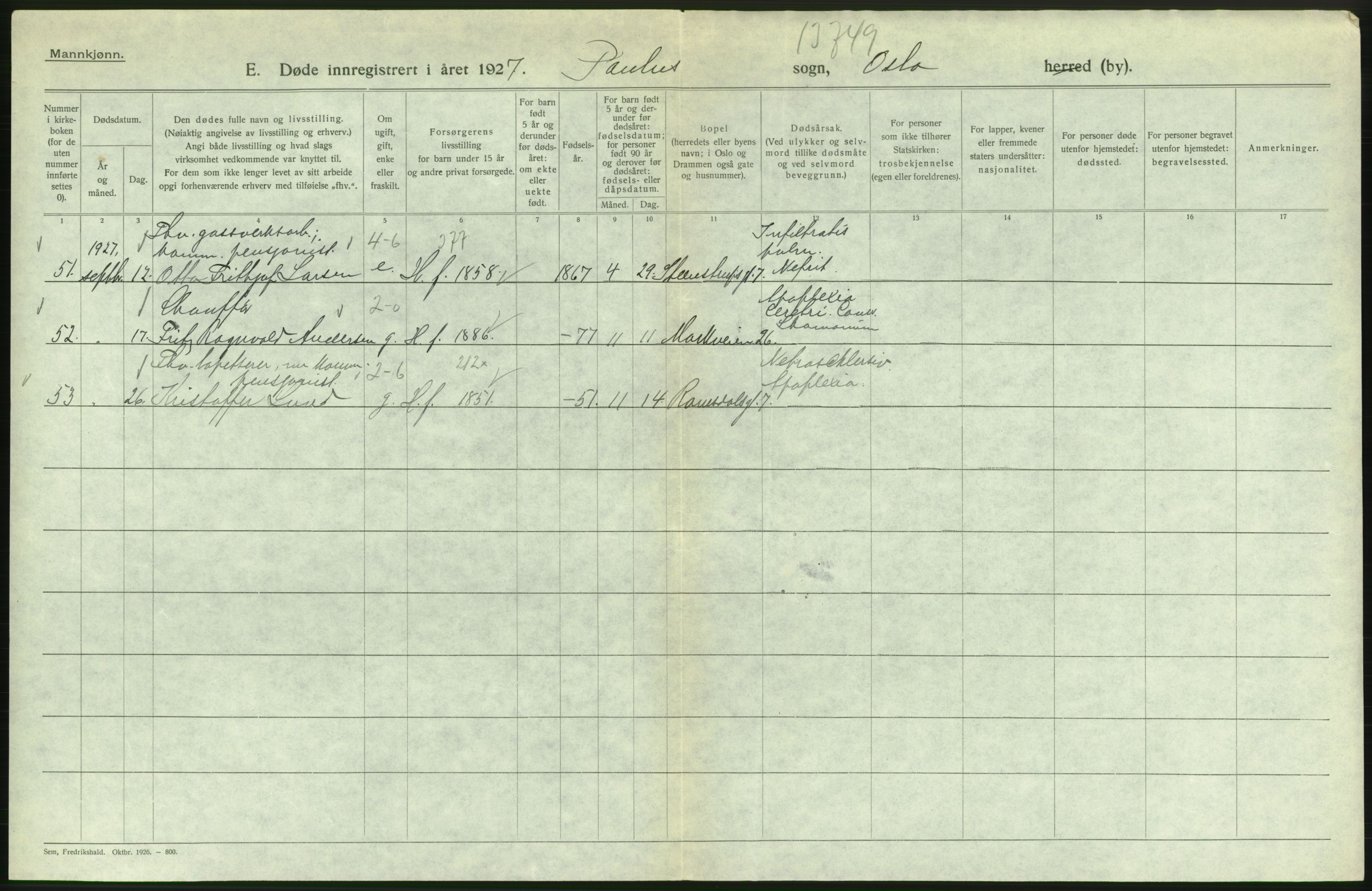 Statistisk sentralbyrå, Sosiodemografiske emner, Befolkning, AV/RA-S-2228/D/Df/Dfc/Dfcg/L0009: Oslo: Døde menn, 1927, s. 364