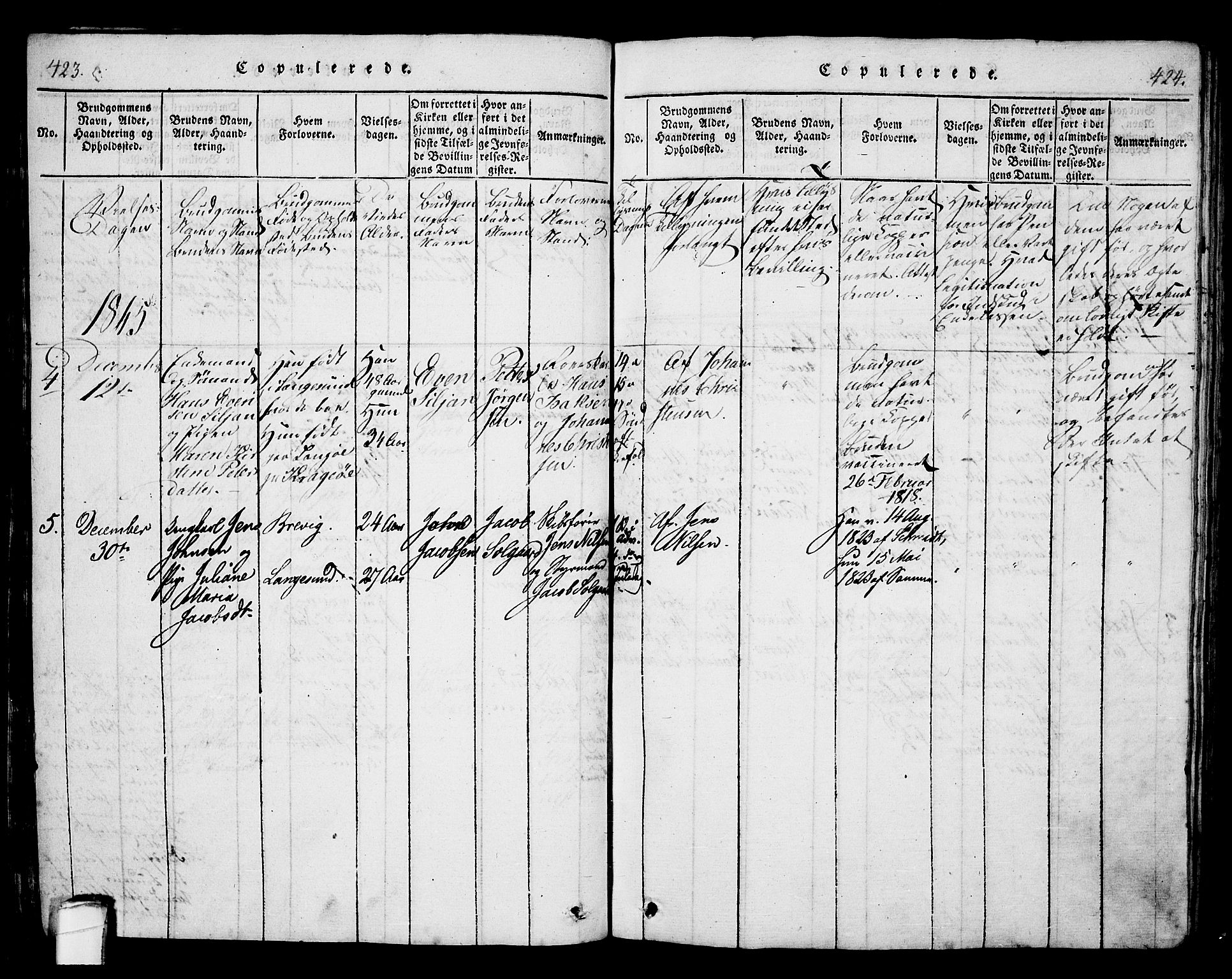 Langesund kirkebøker, AV/SAKO-A-280/G/Ga/L0003: Klokkerbok nr. 3, 1815-1858, s. 423-424