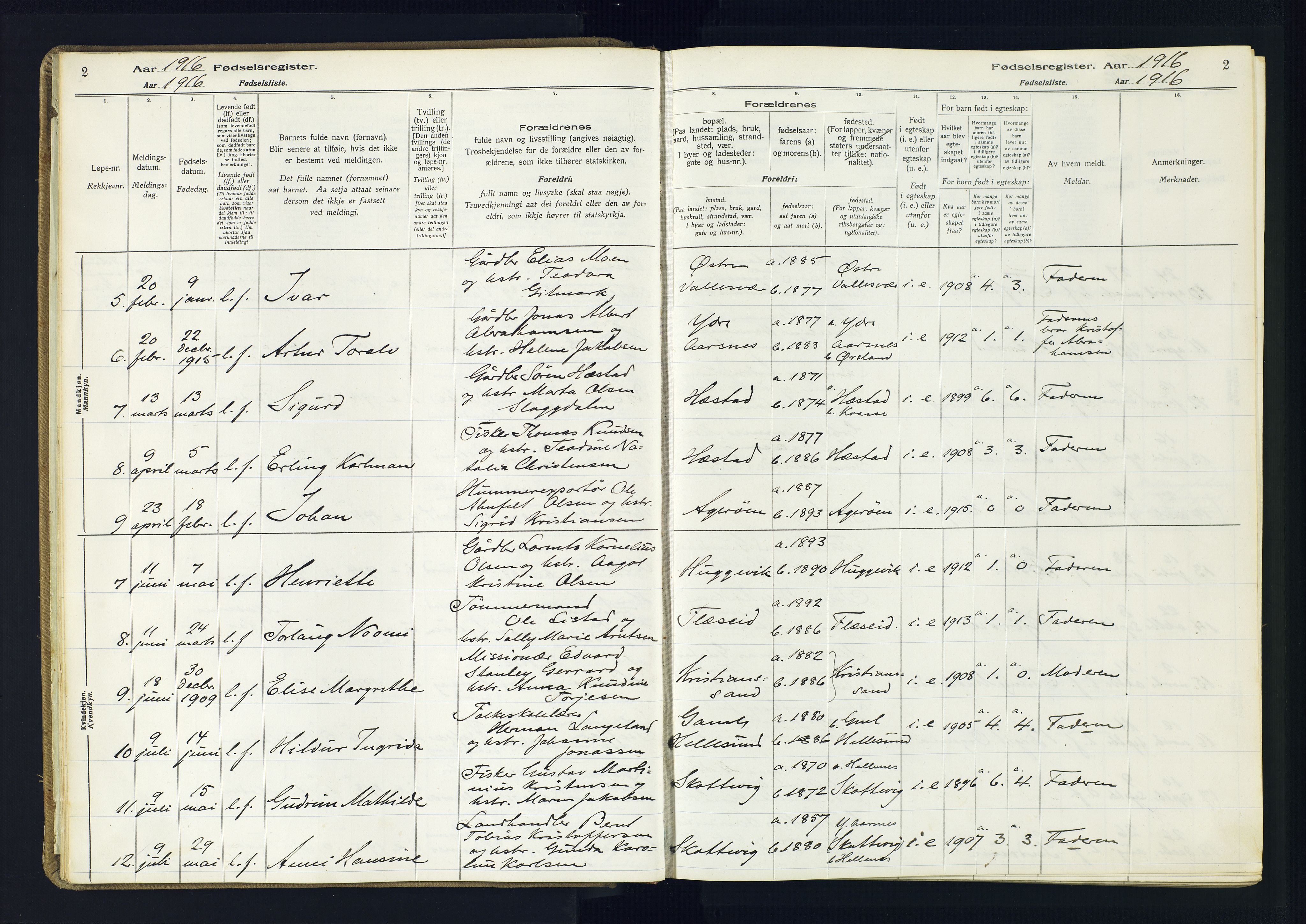 Høvåg sokneprestkontor, AV/SAK-1111-0025/J/Ja/L0001: Fødselsregister nr. II.4.2, 1916-1982, s. 2