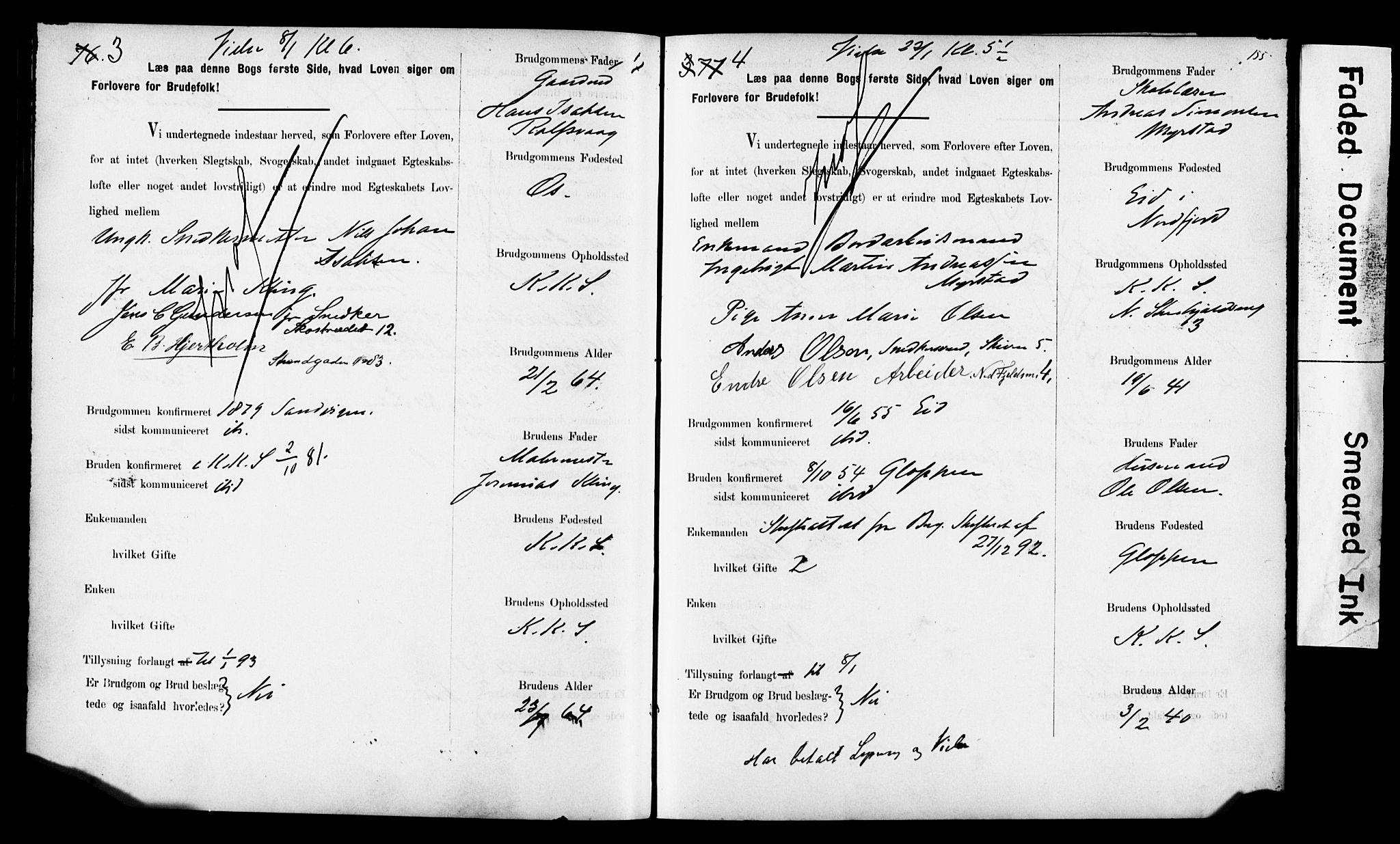 Korskirken sokneprestembete, SAB/A-76101: Forlovererklæringer nr. II.5.6, 1889-1898, s. 155