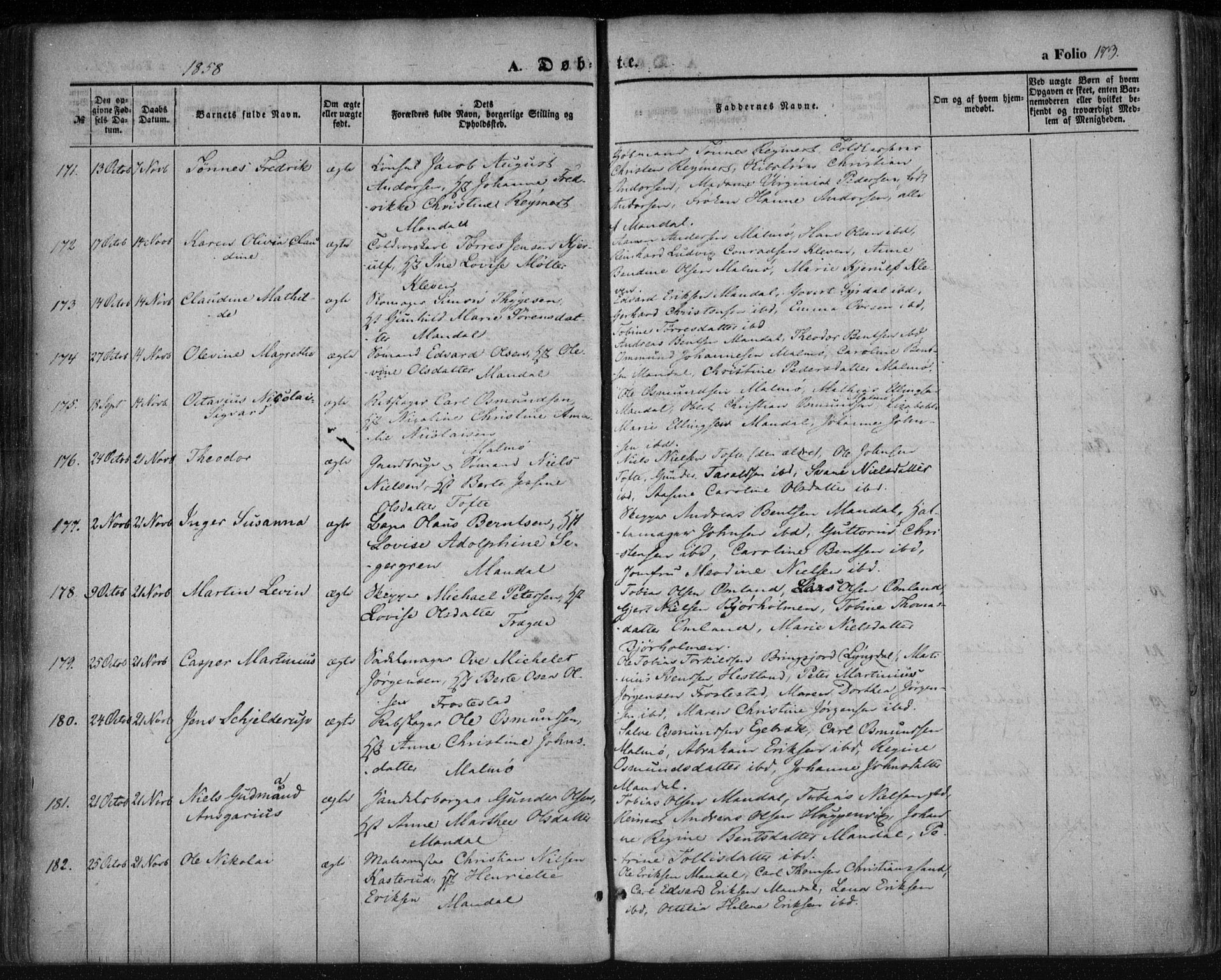 Mandal sokneprestkontor, AV/SAK-1111-0030/F/Fa/Faa/L0013: Ministerialbok nr. A 13, 1847-1859, s. 173