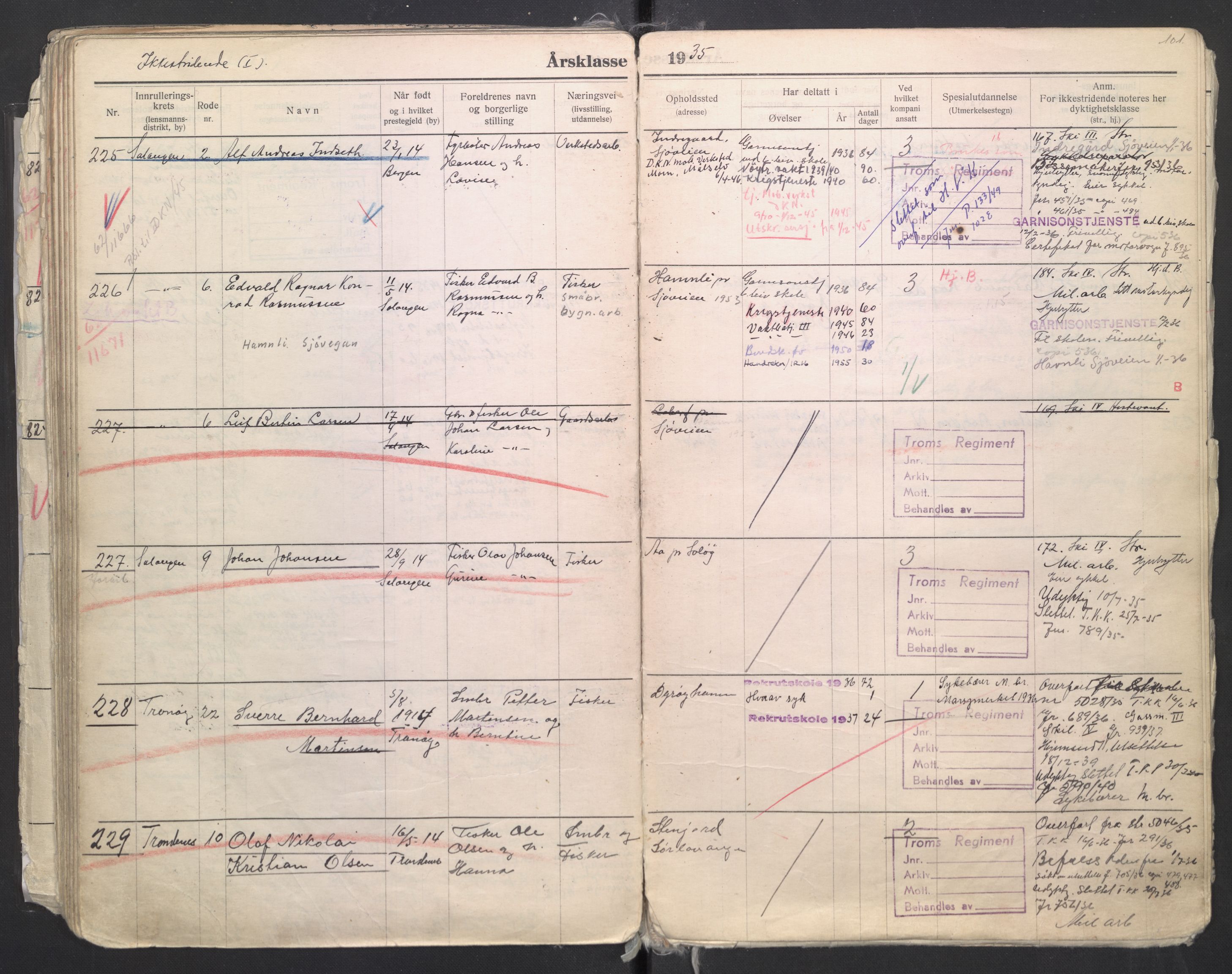 Forsvaret, Troms infanteriregiment nr. 16, AV/RA-RAFA-3146/P/Pa/L0006/0008: Ruller / Rulle for regimentets menige mannskaper, årsklasse 1935, 1935, s. 101