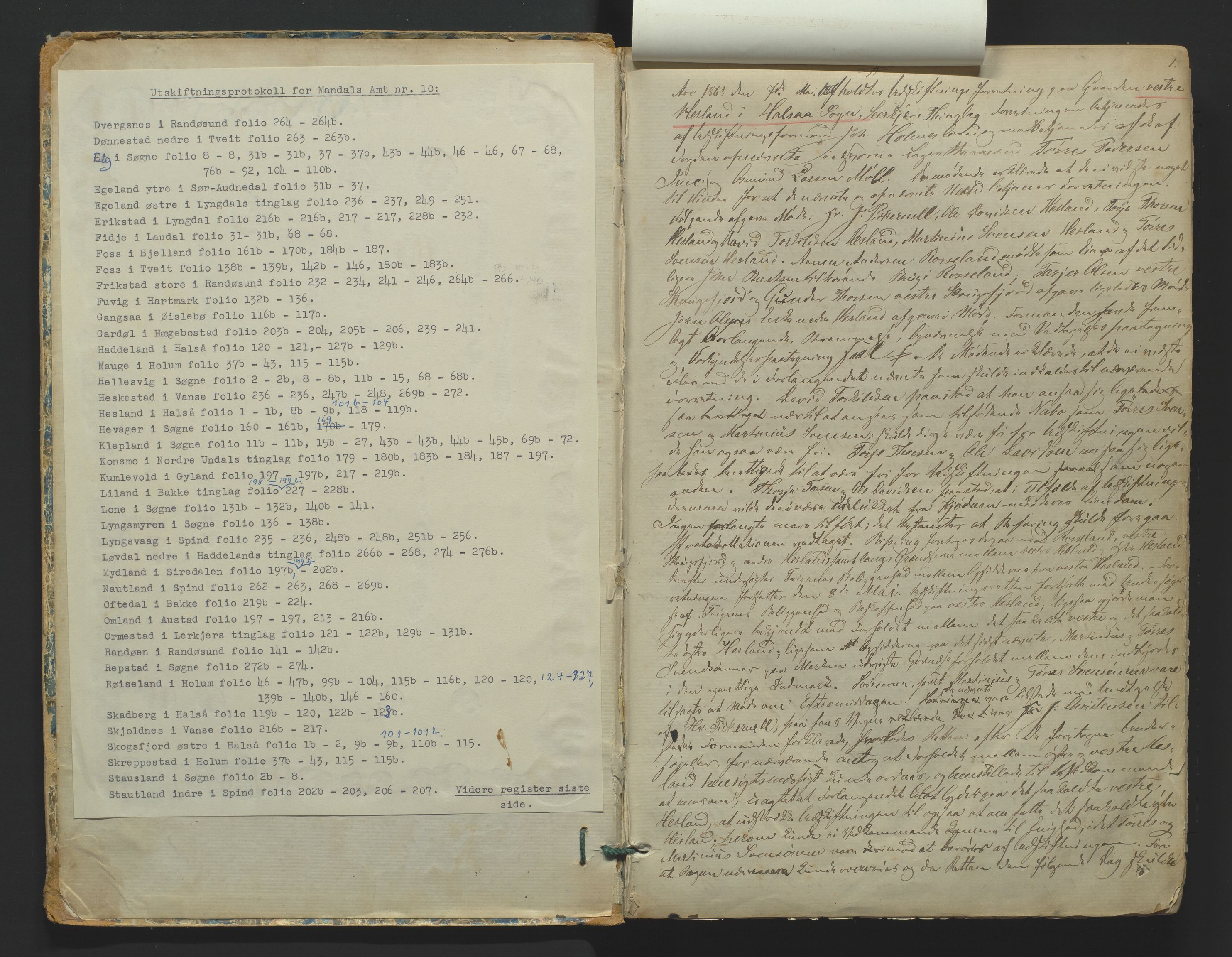 Utskiftningsformannen i Lister og Mandal amt, AV/SAK-1541-0003/F/Fa/Faa/L0010: Utskiftningsprotokoll med register nr 10, 1866-1872, s. 1a