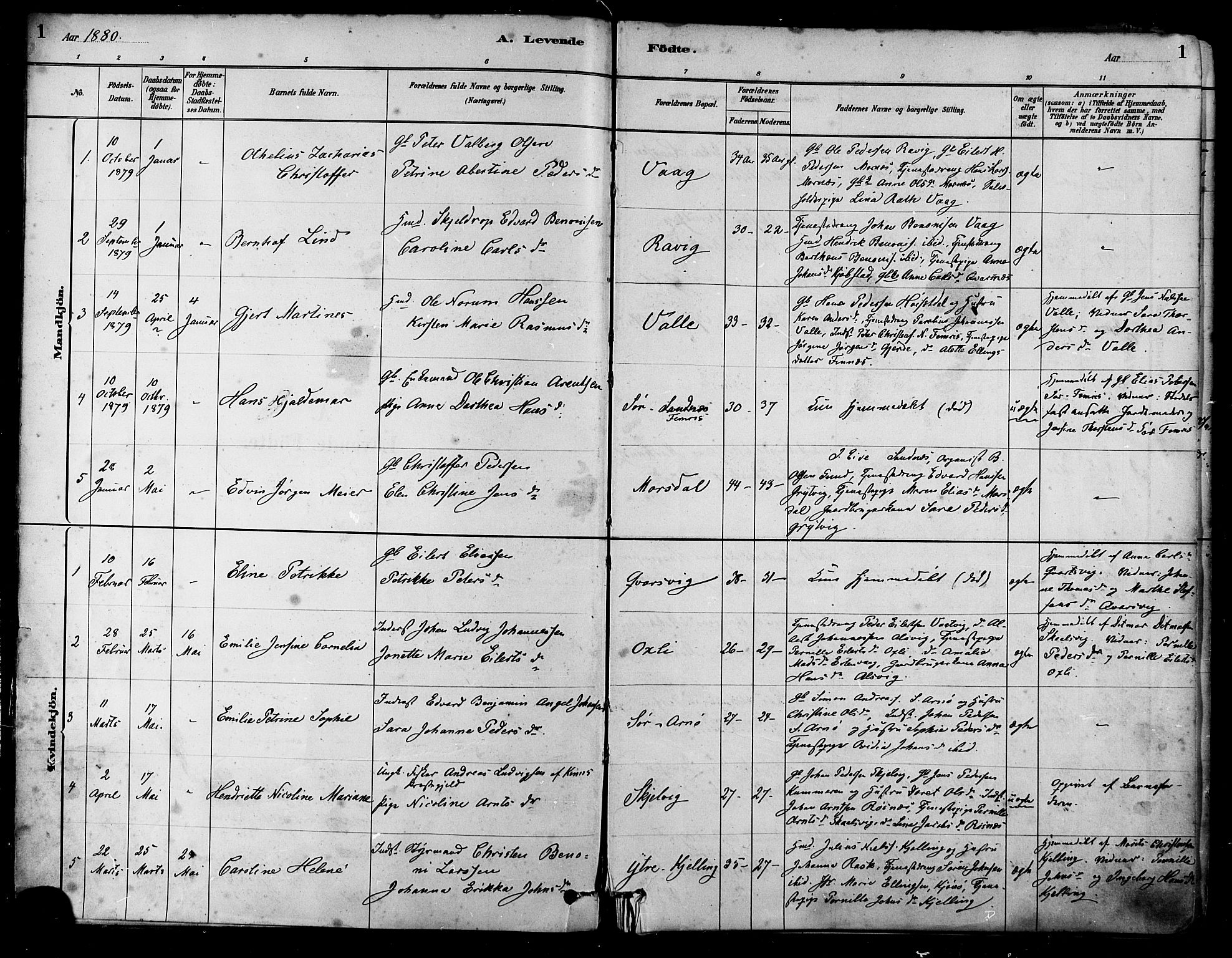 Ministerialprotokoller, klokkerbøker og fødselsregistre - Nordland, AV/SAT-A-1459/805/L0099: Ministerialbok nr. 805A06, 1880-1891, s. 1