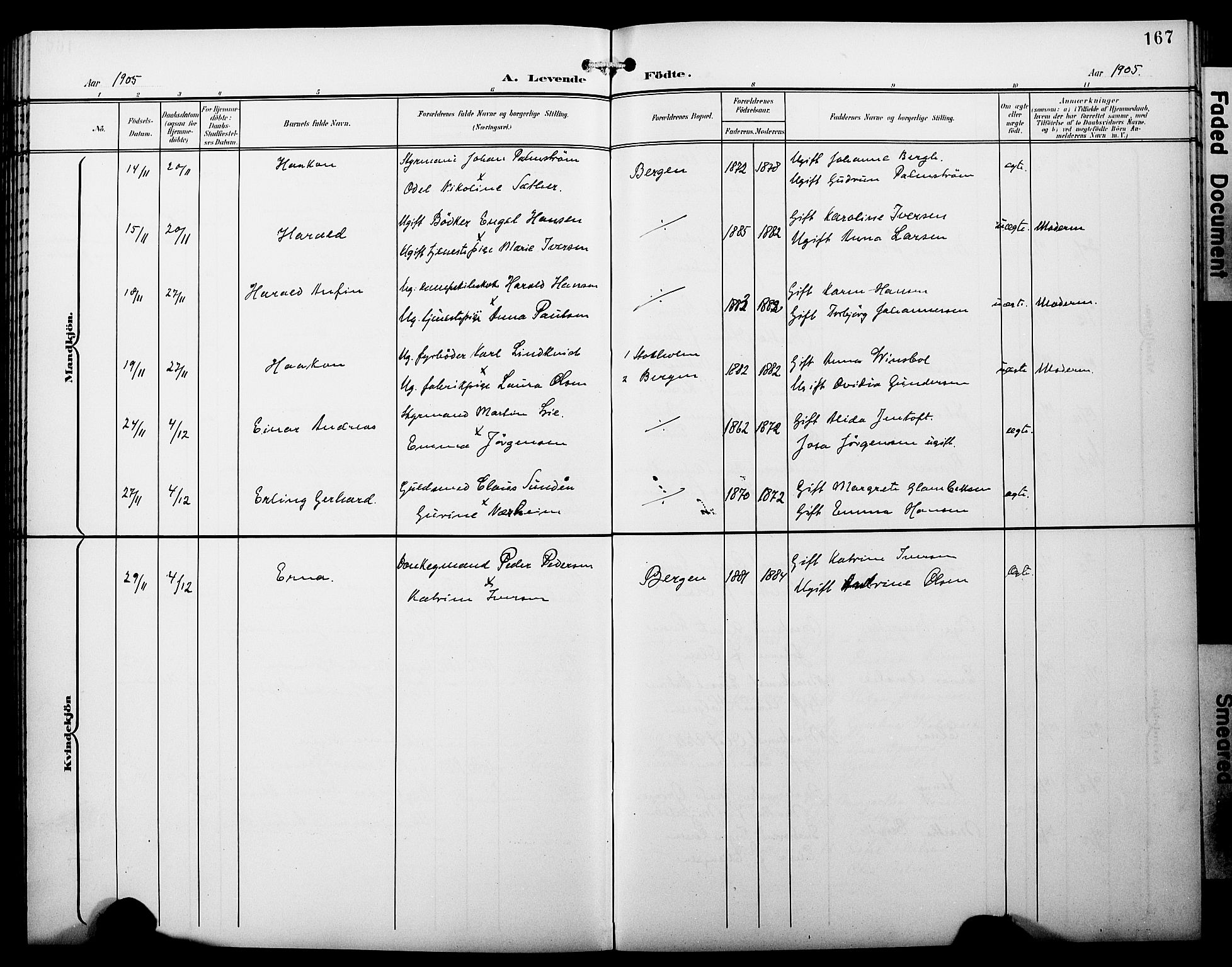 Fødselsstiftelsens sokneprestembete*, SAB/-: Klokkerbok nr. A 1, 1900-1909, s. 167