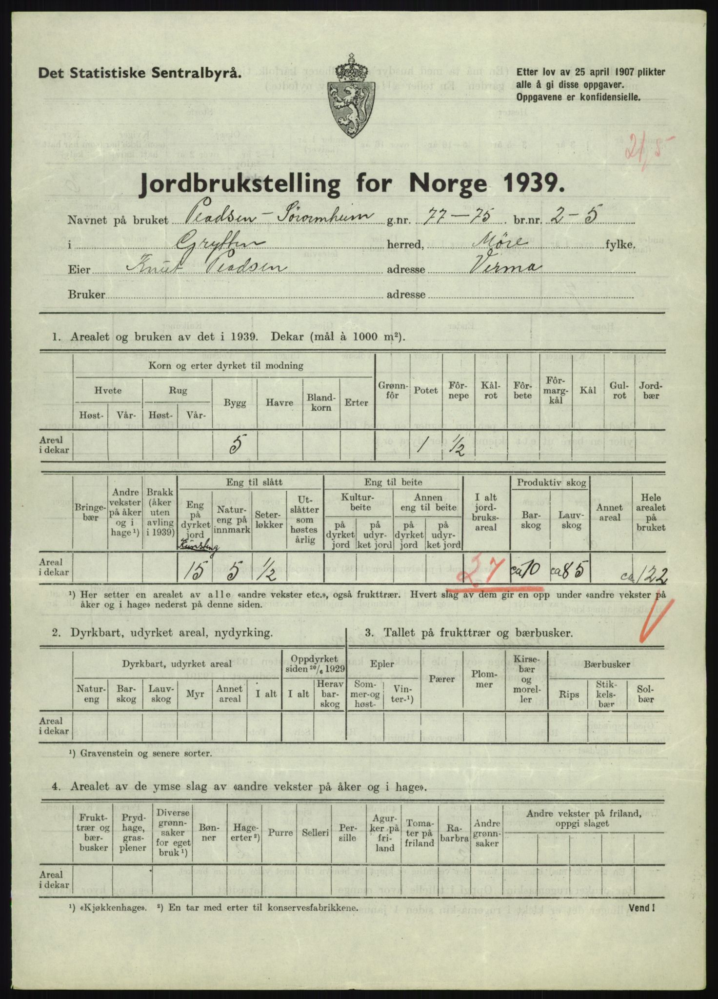 Statistisk sentralbyrå, Næringsøkonomiske emner, Jordbruk, skogbruk, jakt, fiske og fangst, AV/RA-S-2234/G/Gb/L0251: Møre og Romsdal: Voll, Eid, Grytten og Hen, 1939, s. 703