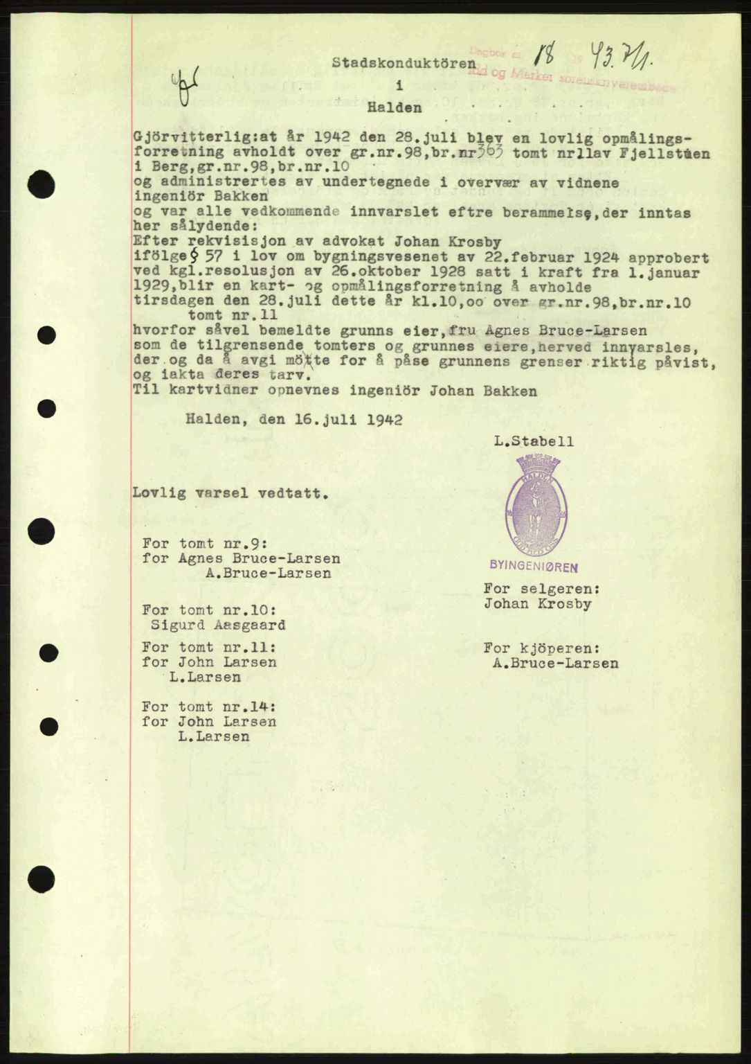 Idd og Marker sorenskriveri, AV/SAO-A-10283/G/Gb/Gbb/L0005: Pantebok nr. A5, 1941-1943, Dagboknr: 18/1943