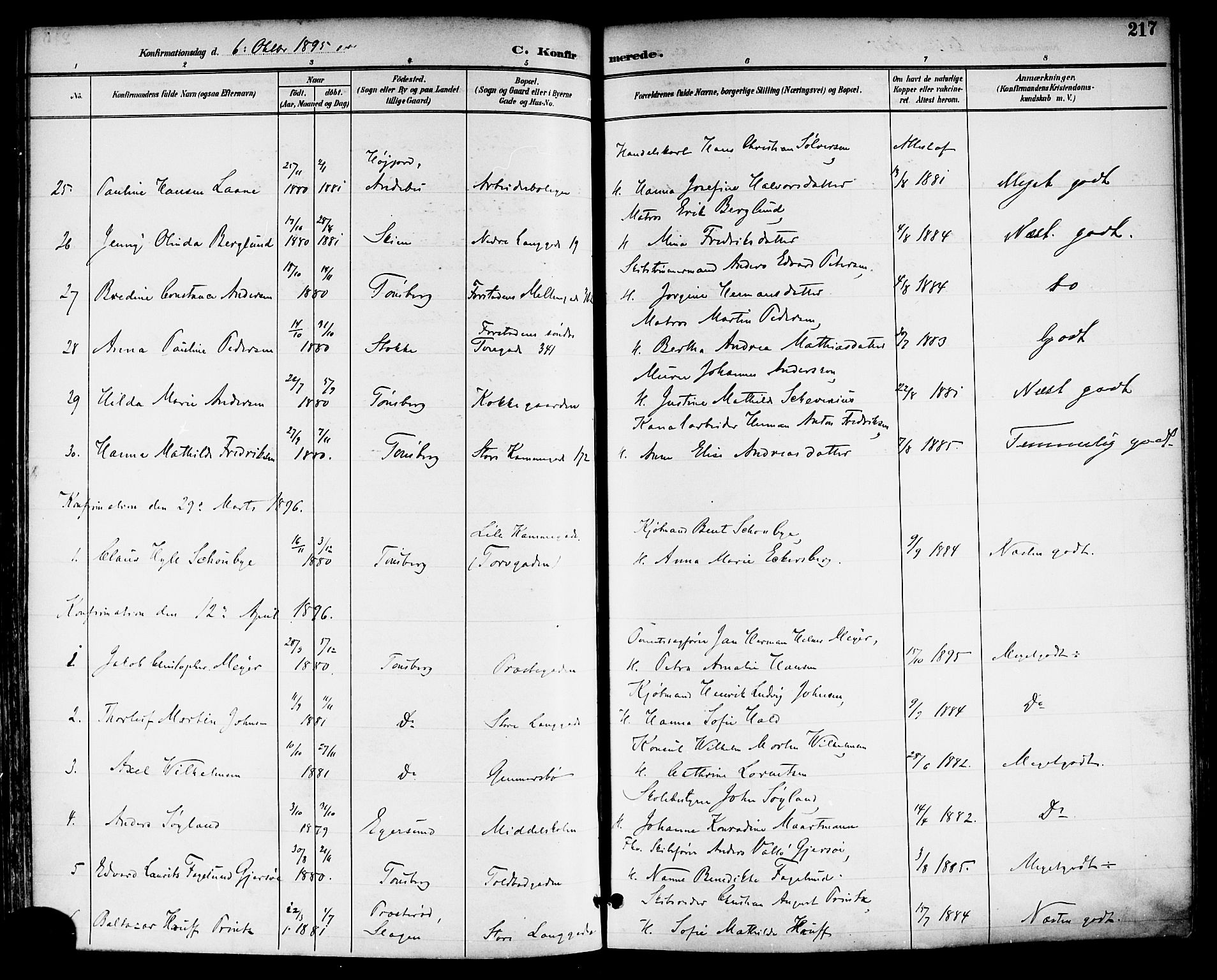 Tønsberg kirkebøker, AV/SAKO-A-330/F/Fa/L0012: Ministerialbok nr. I 12, 1891-1899, s. 217