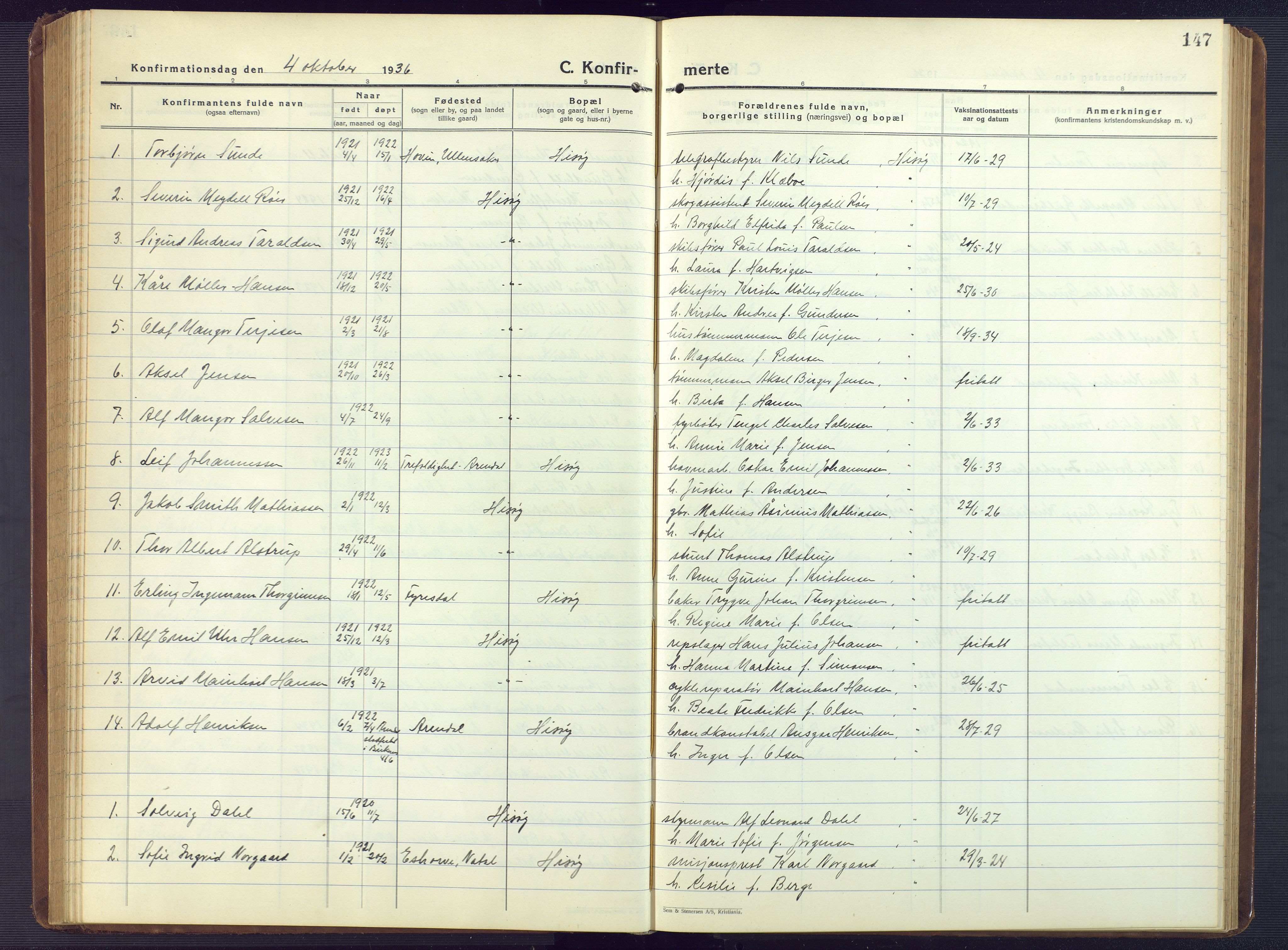 Hisøy sokneprestkontor, AV/SAK-1111-0020/F/Fb/L0005: Klokkerbok nr. B 5, 1924-1946, s. 147