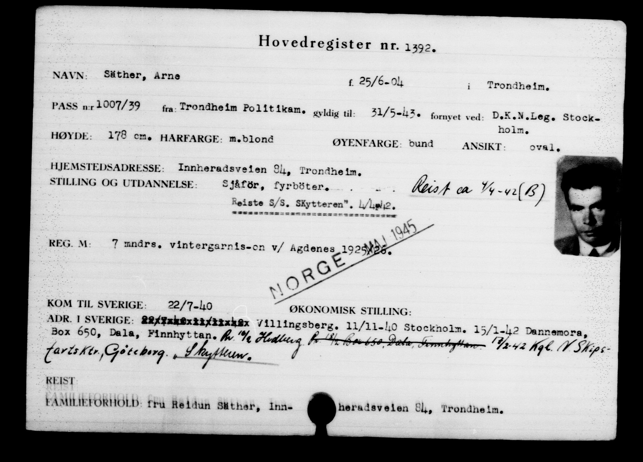 Utenriksstasjonene, Legasjonen i Stockholm, Flyktningkontoret, AV/RA-S-6753/V/Va/L0002: Kjesäterkartoteket, flyktninger med registreringsnr. 1001-2000, 1940-1945, s. 561