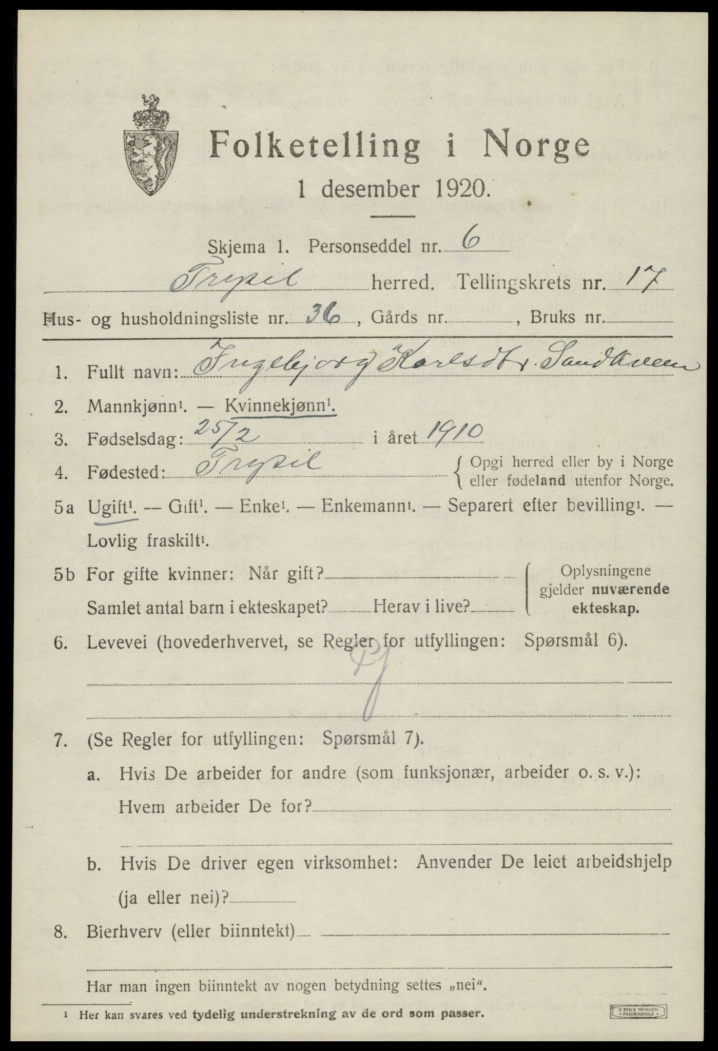 SAH, Folketelling 1920 for 0428 Trysil herred, 1920, s. 10617