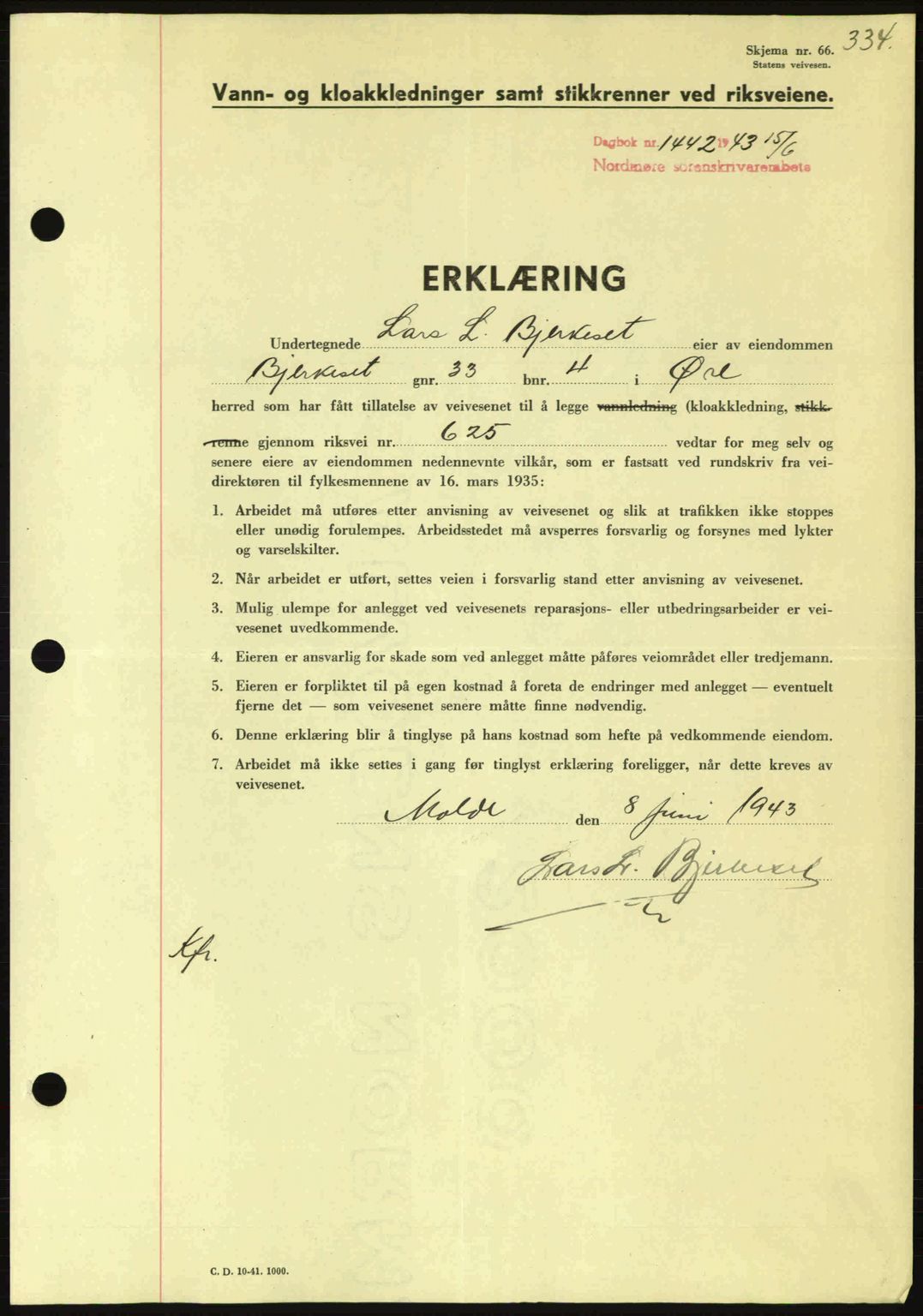 Nordmøre sorenskriveri, SAT/A-4132/1/2/2Ca: Pantebok nr. B90, 1942-1943, Dagboknr: 1442/1943