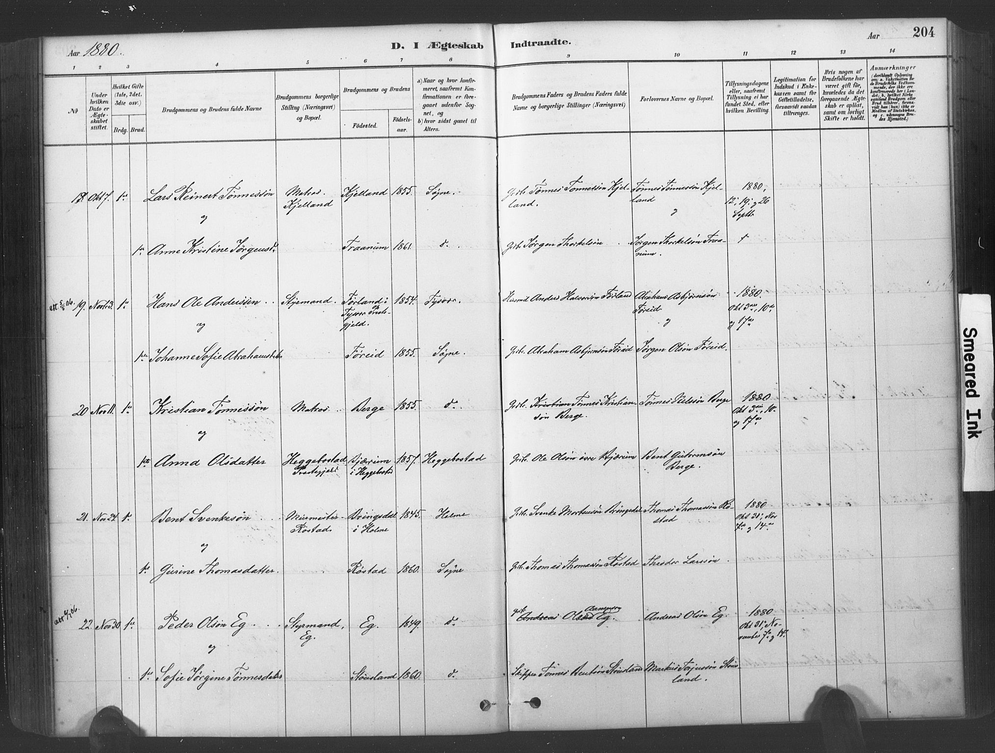Søgne sokneprestkontor, SAK/1111-0037/F/Fa/Fab/L0012: Ministerialbok nr. A 12, 1880-1891, s. 204