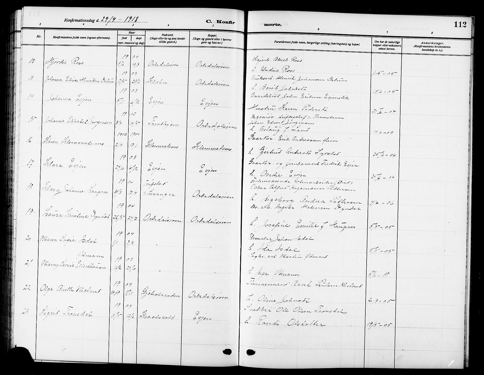 Ministerialprotokoller, klokkerbøker og fødselsregistre - Sør-Trøndelag, AV/SAT-A-1456/669/L0831: Klokkerbok nr. 669C01, 1909-1924, s. 112