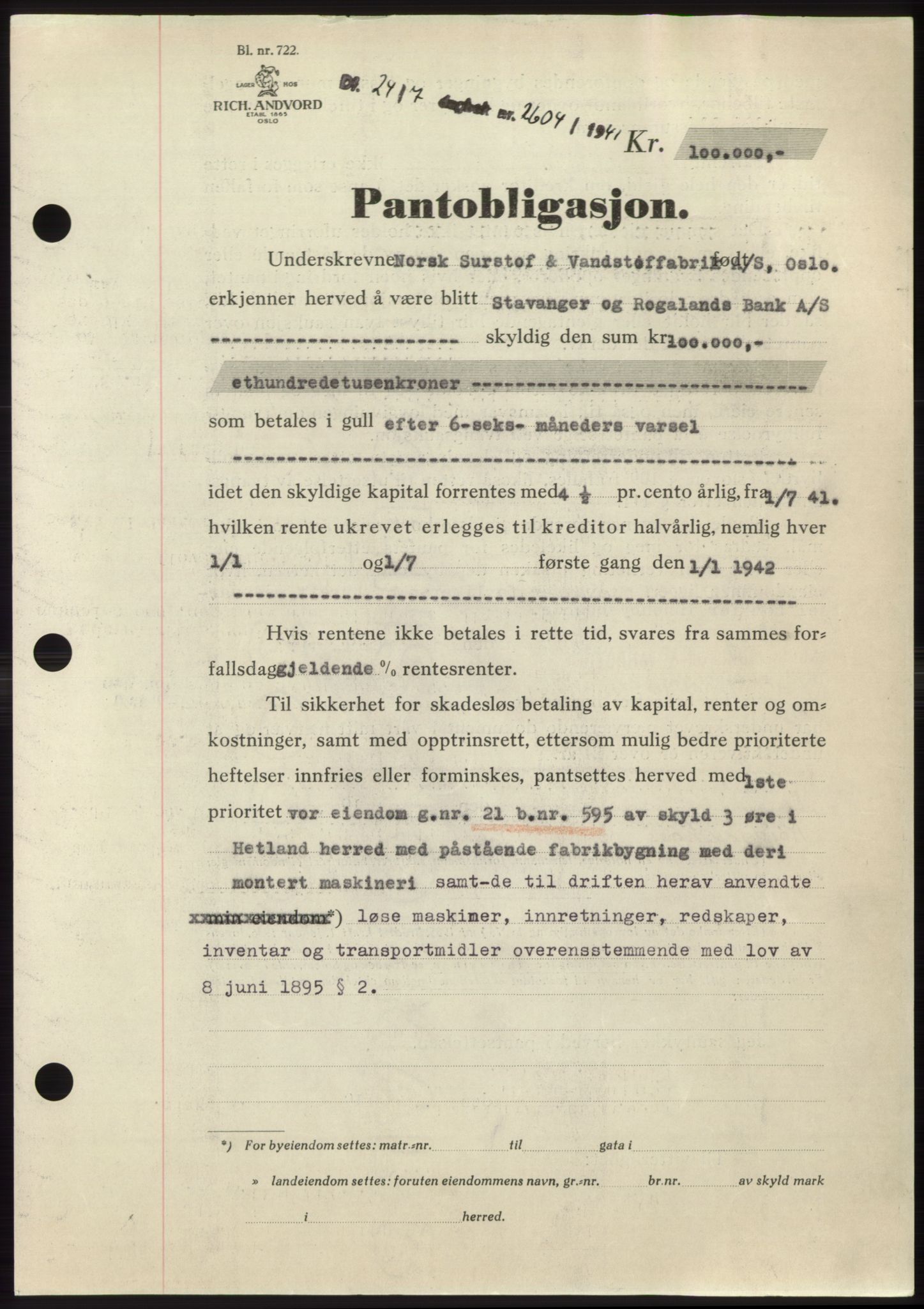Jæren sorenskriveri, SAST/A-100310/03/G/Gba/L0080: Pantebok, 1941-1941, Dagboknr: 2604/1941