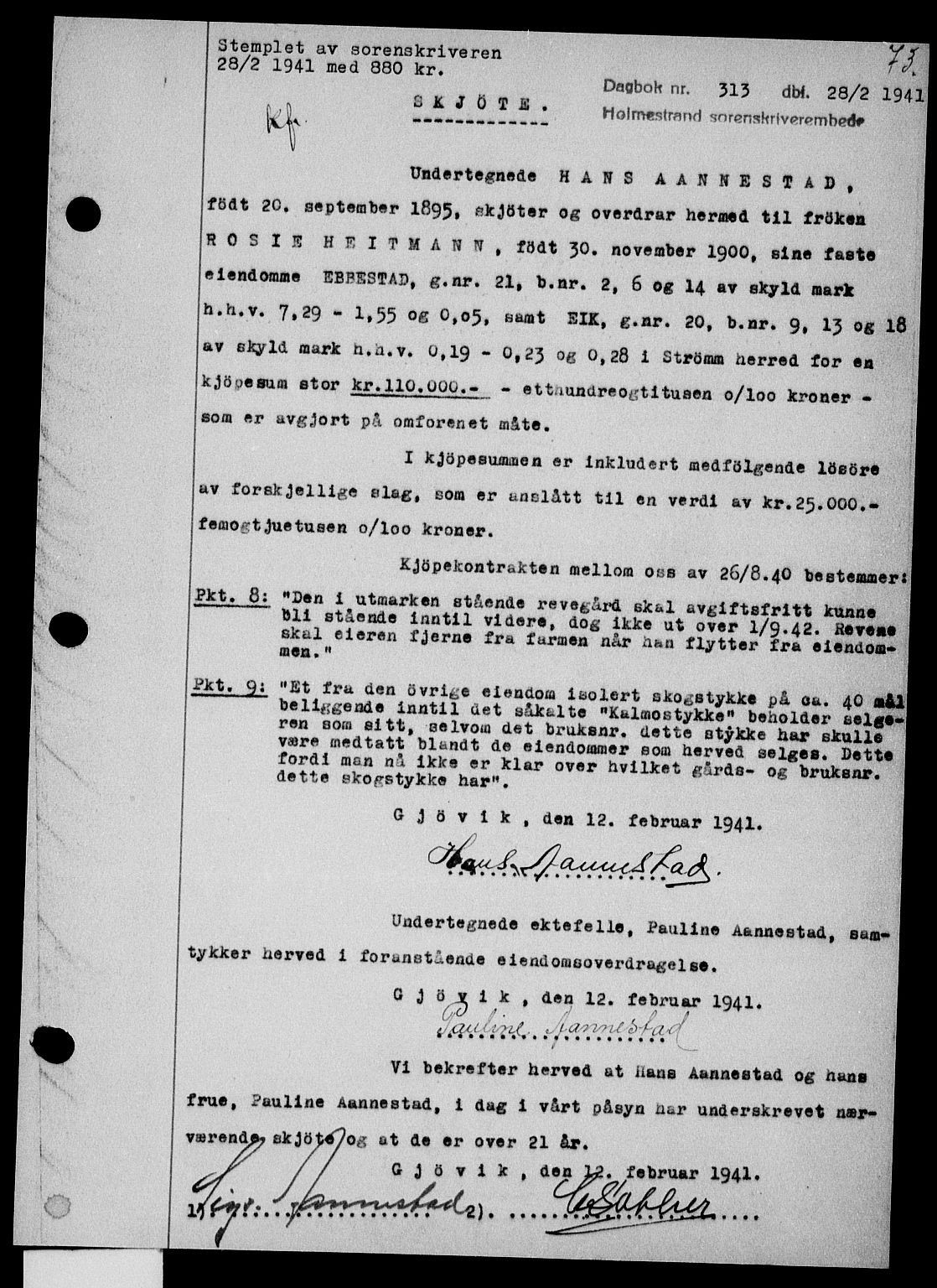 Holmestrand sorenskriveri, SAKO/A-67/G/Ga/Gaa/L0053: Pantebok nr. A-53, 1941-1941, Dagboknr: 313/1941
