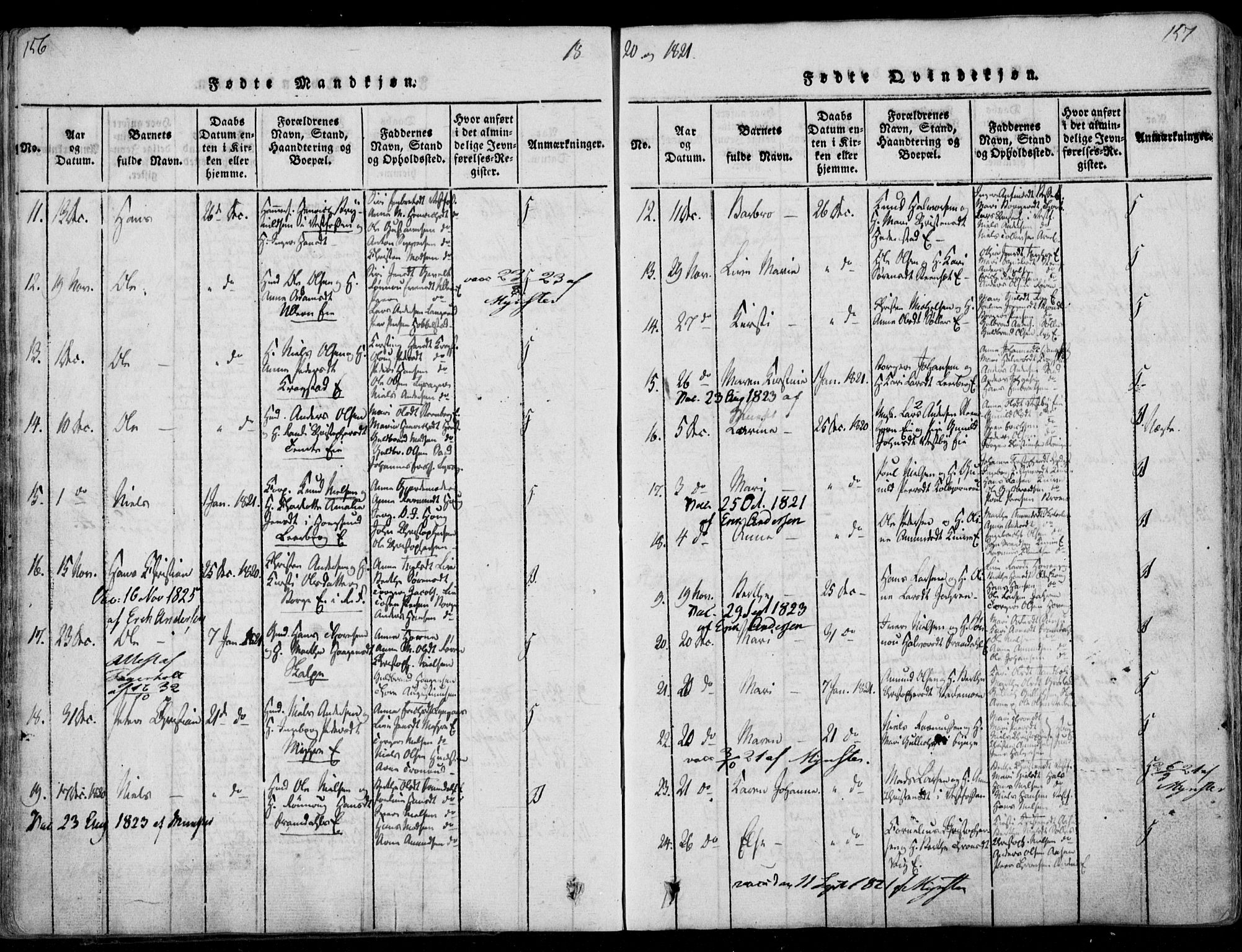 Eiker kirkebøker, AV/SAKO-A-4/F/Fa/L0011: Ministerialbok nr. I 11, 1814-1827, s. 156-157