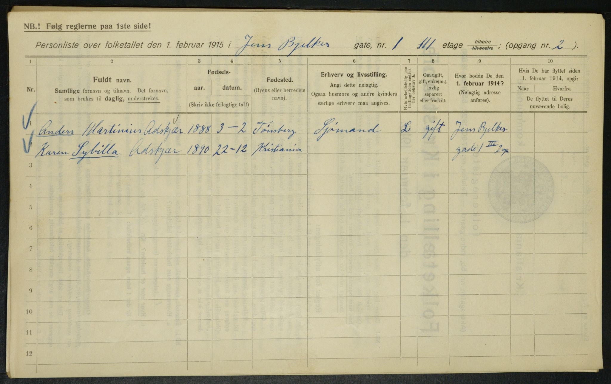 OBA, Kommunal folketelling 1.2.1915 for Kristiania, 1915, s. 45013