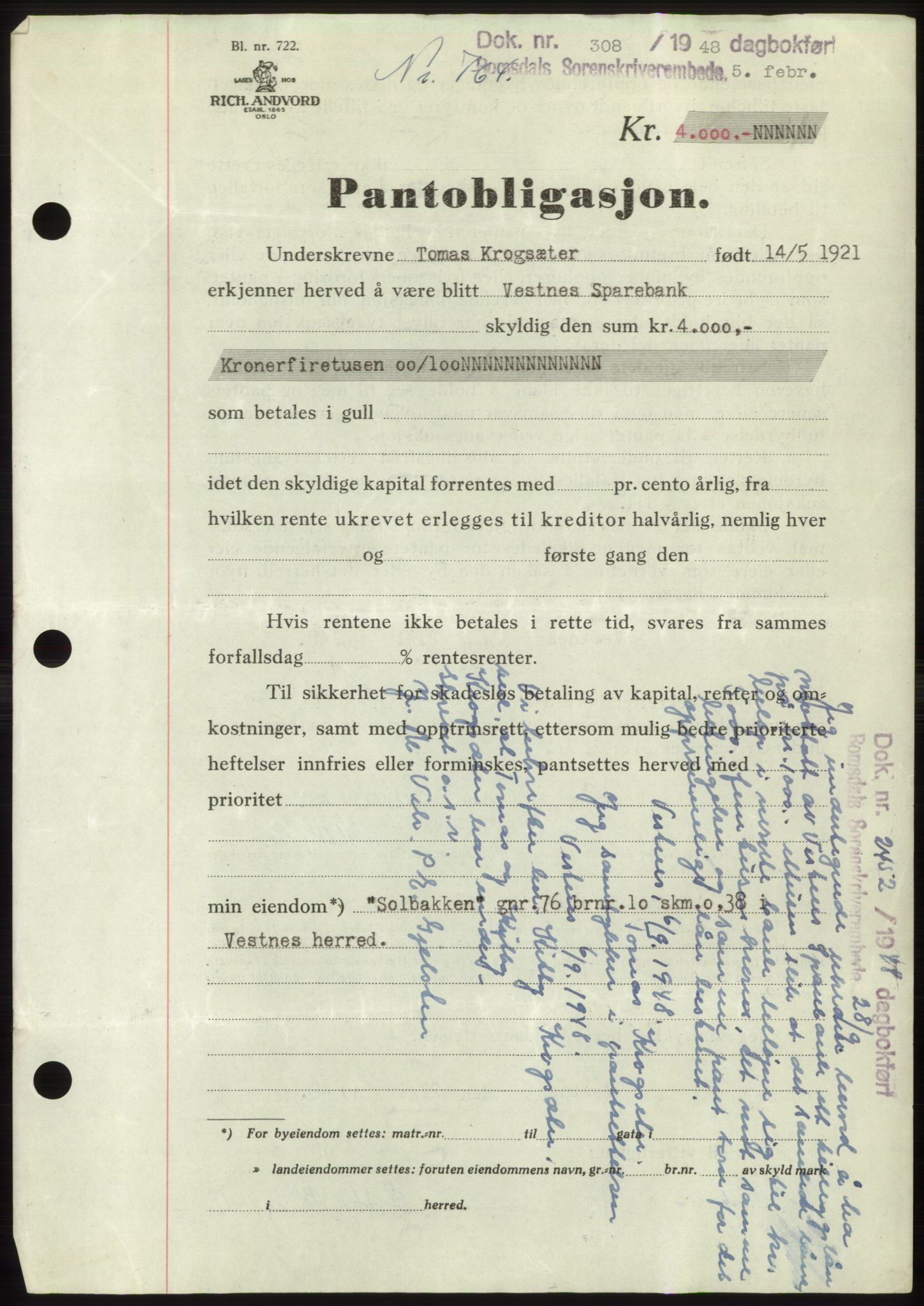 Romsdal sorenskriveri, SAT/A-4149/1/2/2C: Pantebok nr. B3, 1946-1948, Dagboknr: 308/1948