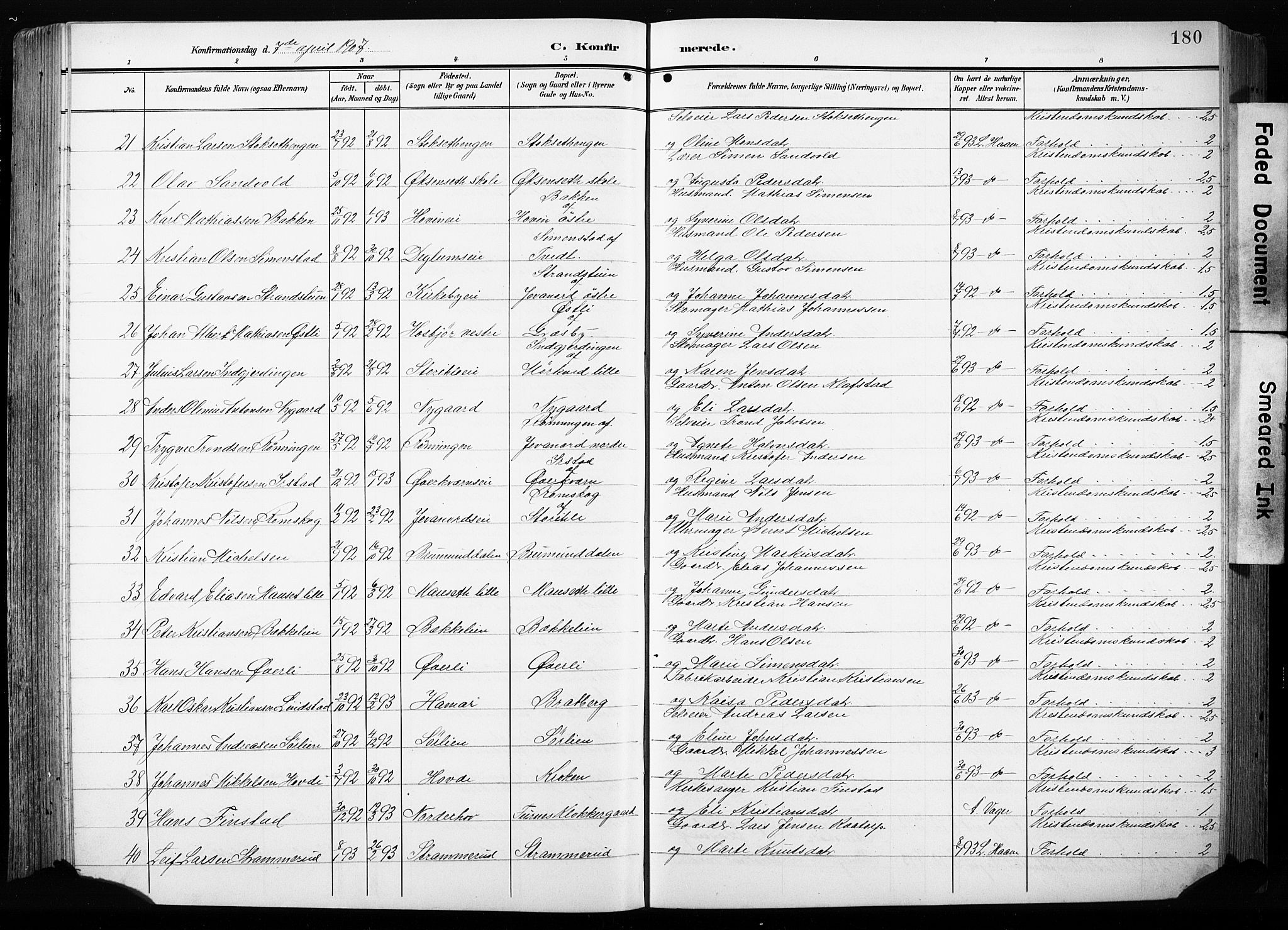 Furnes prestekontor, AV/SAH-PREST-012/L/La/L0001: Klokkerbok nr. 1, 1904-1933, s. 180