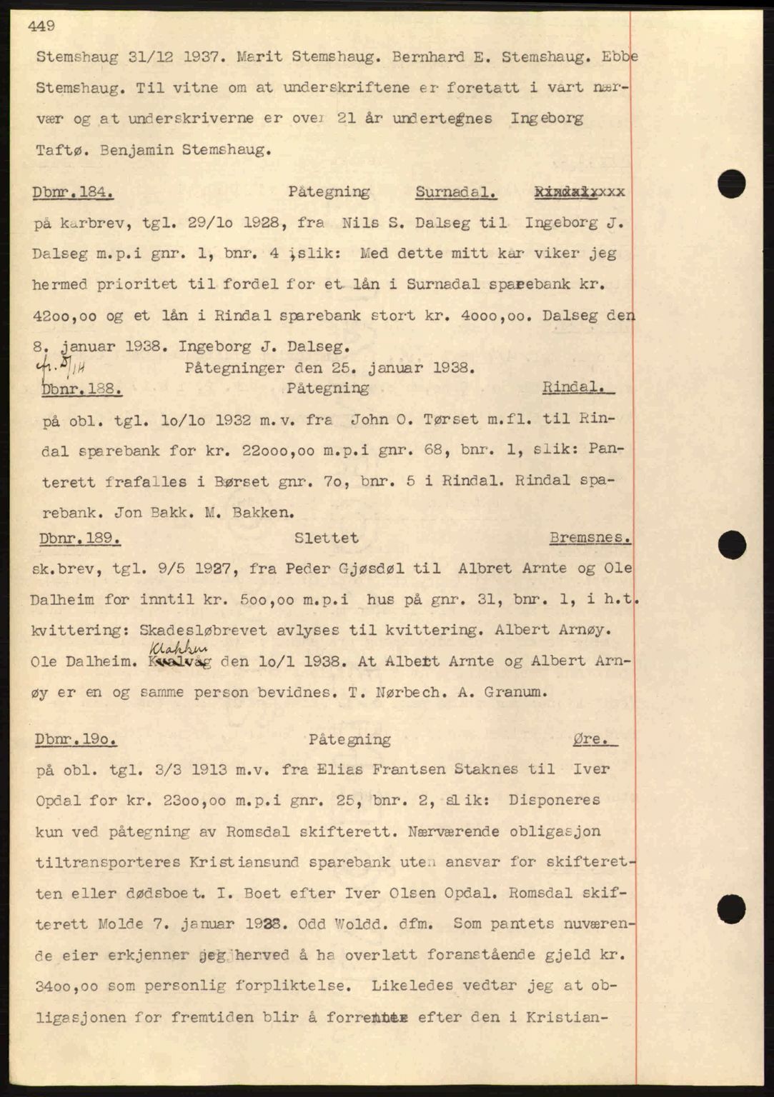 Nordmøre sorenskriveri, SAT/A-4132/1/2/2Ca: Pantebok nr. C80, 1936-1939, Dagboknr: 184/1938