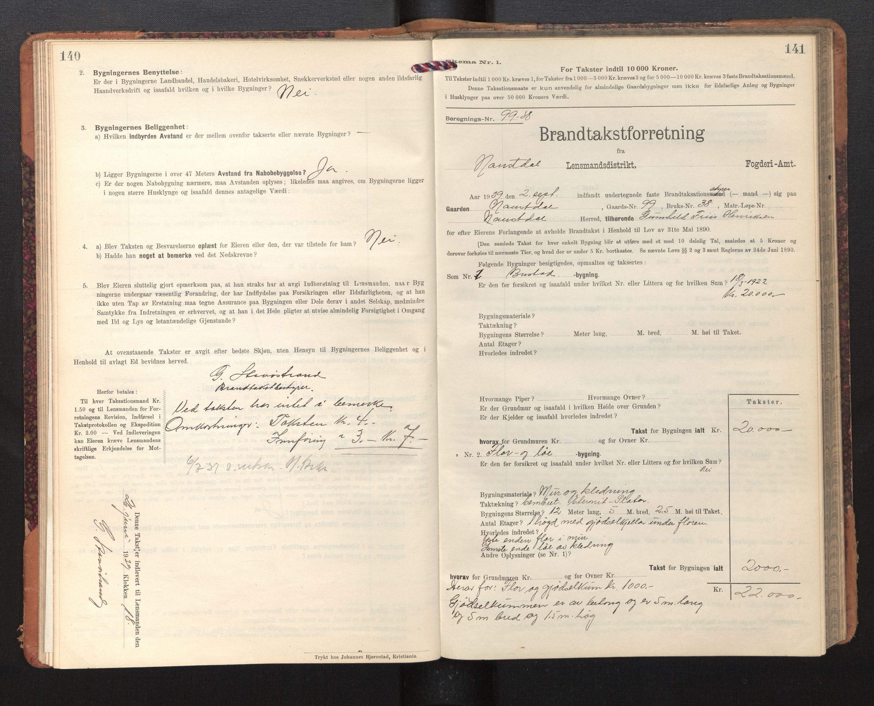 Lensmannen i Naustdal, SAB/A-29501/0012/L0002: Branntakstprotokoll, skjematakst, 1911-1953, s. 140-141