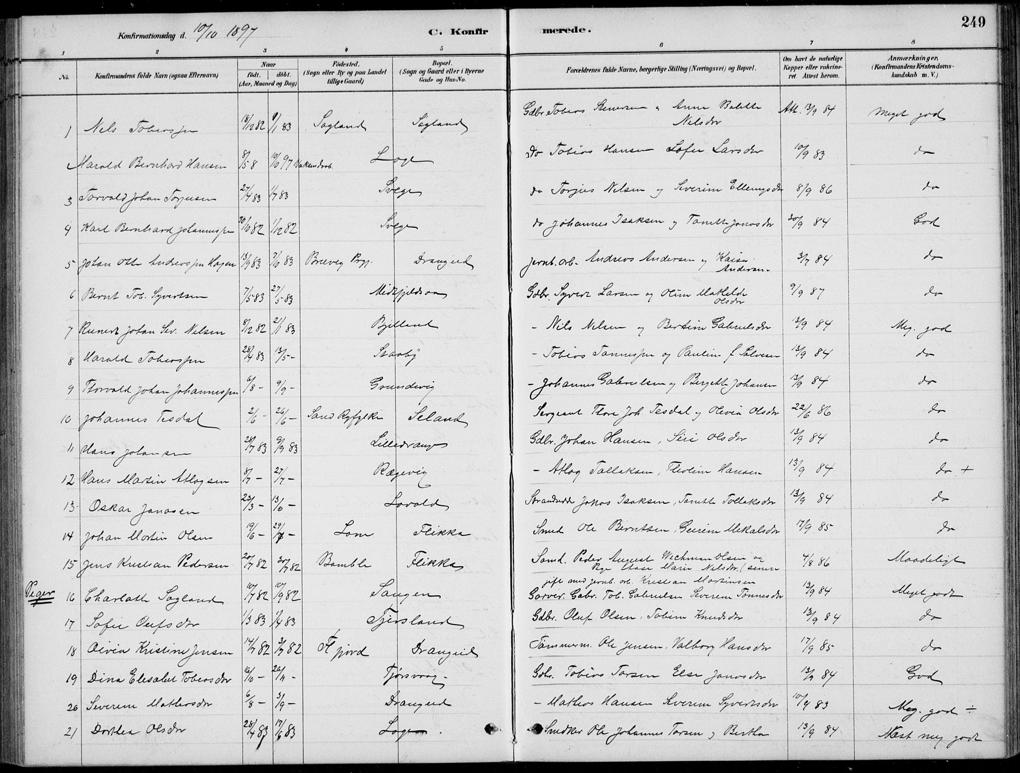 Flekkefjord sokneprestkontor, AV/SAK-1111-0012/F/Fb/Fbc/L0007: Klokkerbok nr. B 7, 1880-1902, s. 249
