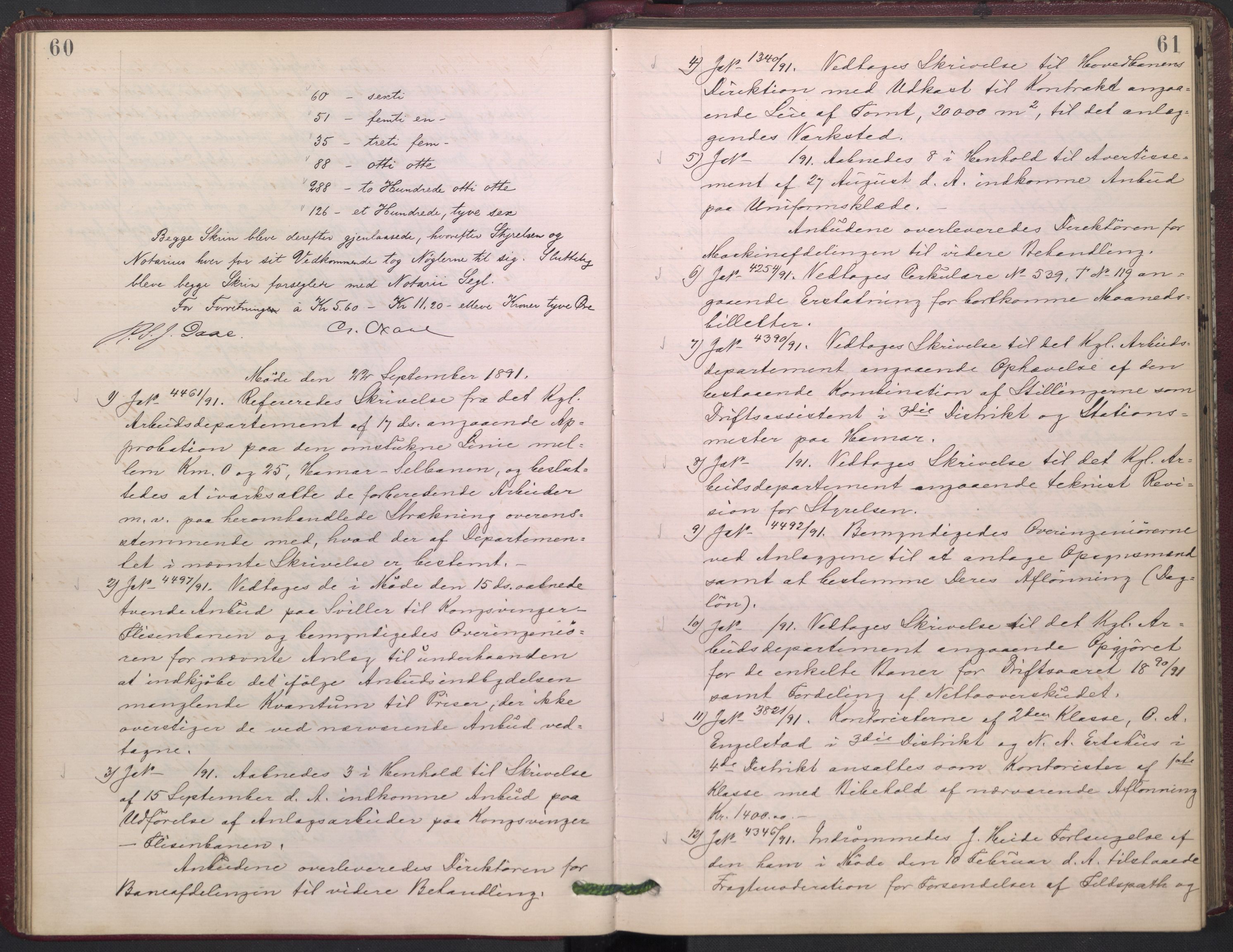Norges statsbaner, Administrasjons- økonomi- og personalavdelingen, AV/RA-S-3412/A/Aa/L0002: Forhandlingsprotokoll, 1891-1893, s. 60-61