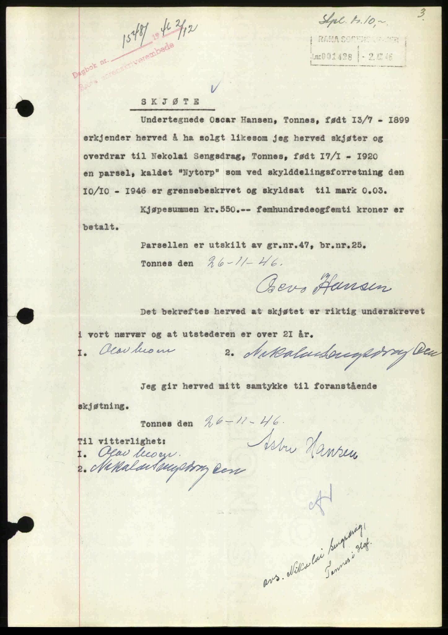 Rana sorenskriveri , SAT/A-1108/1/2/2C: Pantebok nr. A 14, 1946-1947, Dagboknr: 1548/1946