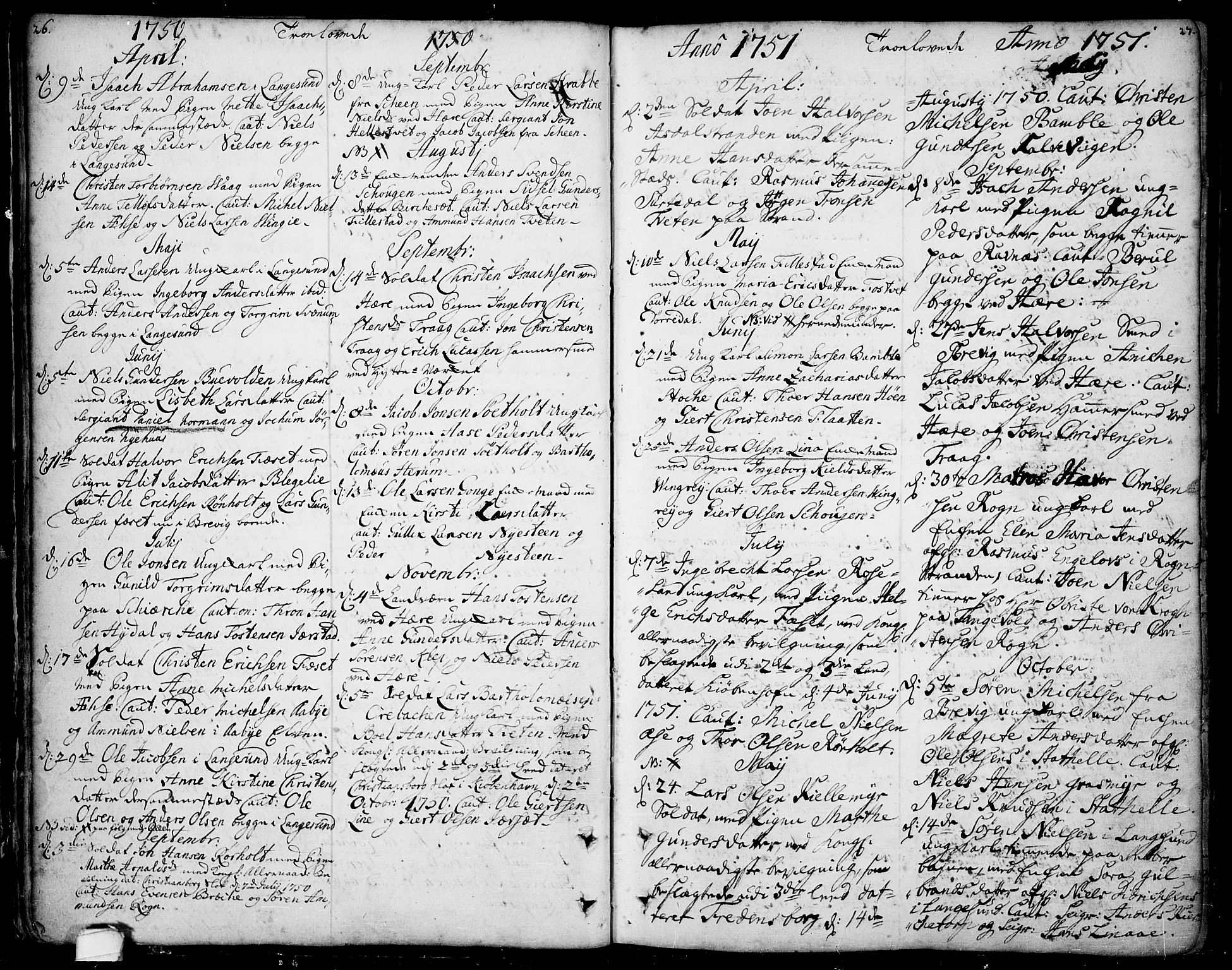 Bamble kirkebøker, AV/SAKO-A-253/F/Fa/L0001: Ministerialbok nr. I 1, 1702-1774, s. 26-27
