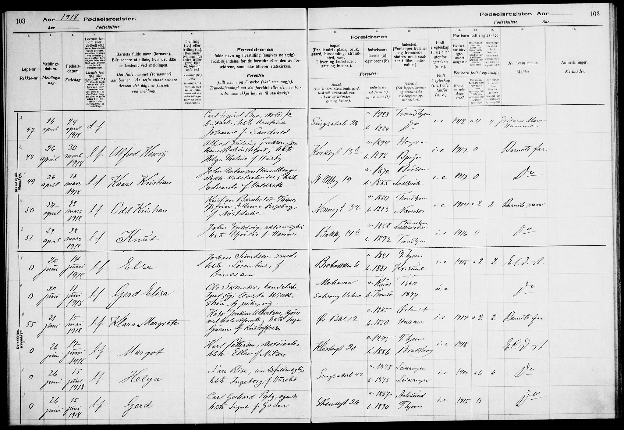 Ministerialprotokoller, klokkerbøker og fødselsregistre - Sør-Trøndelag, SAT/A-1456/604/L0232: Fødselsregister nr. 604.II.4.1, 1916-1920, s. 103