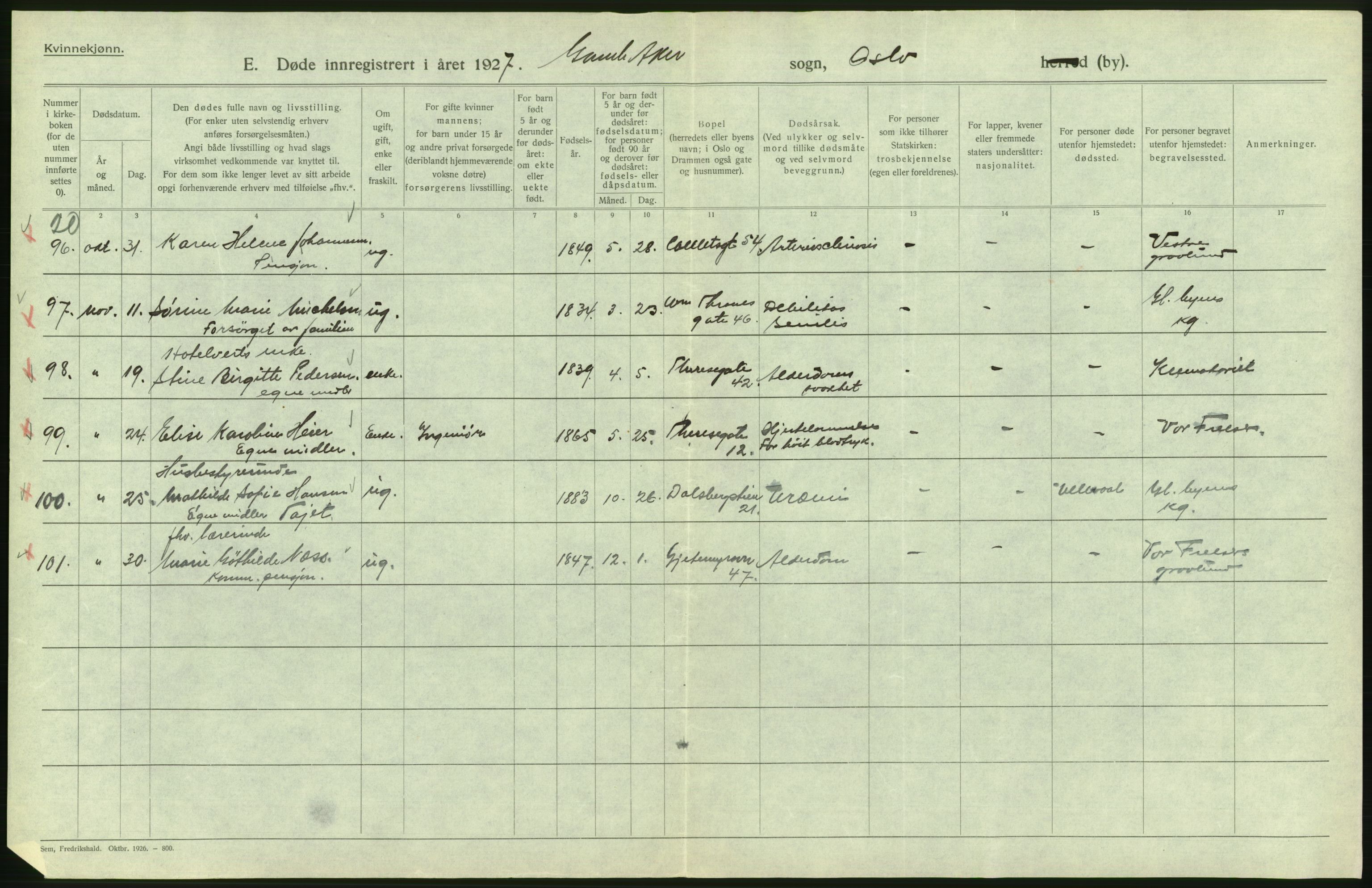 Statistisk sentralbyrå, Sosiodemografiske emner, Befolkning, AV/RA-S-2228/D/Df/Dfc/Dfcg/L0010: Oslo: Døde kvinner, dødfødte, 1927, s. 352