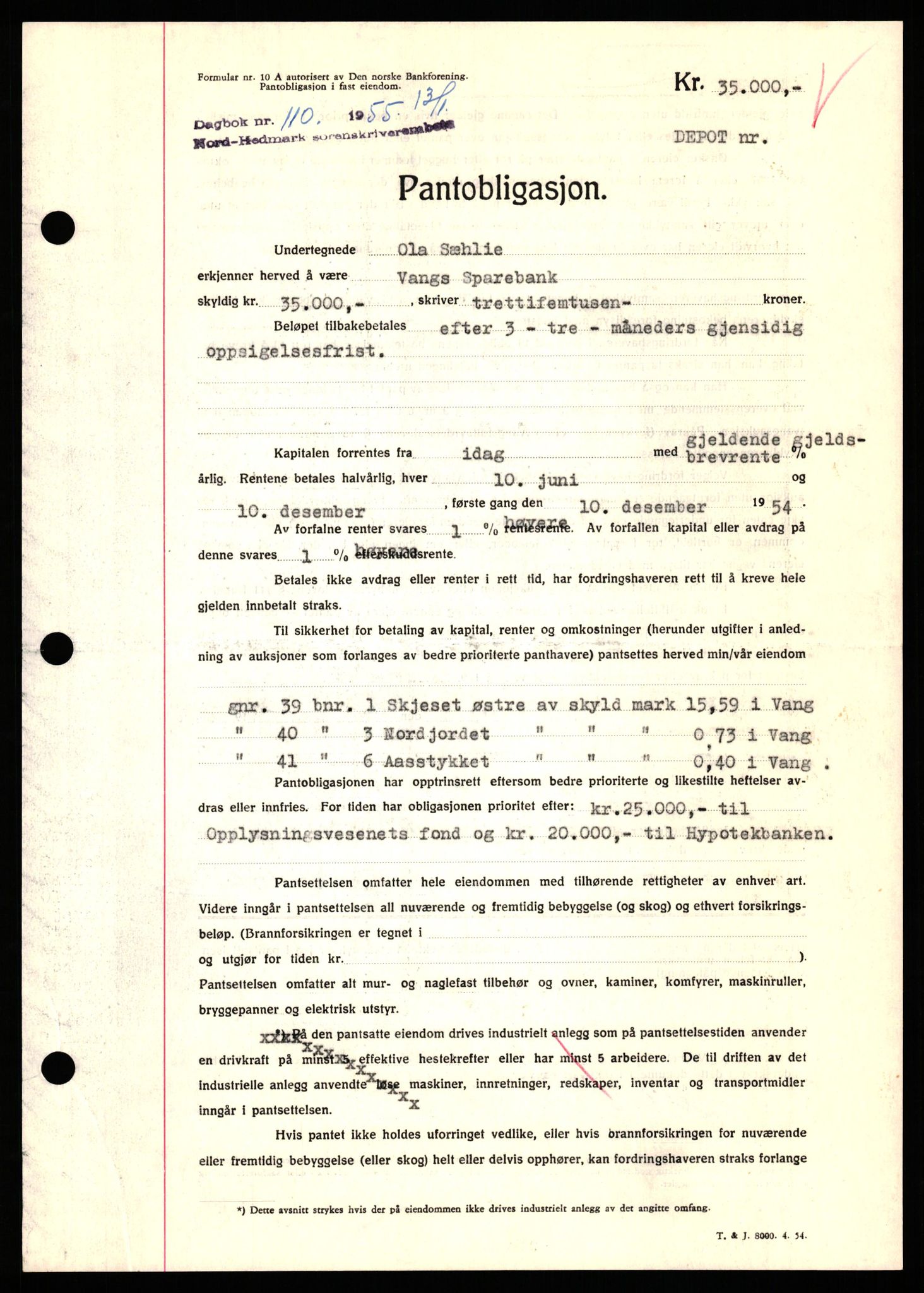 Nord-Hedmark sorenskriveri, SAH/TING-012/H/Hb/Hbf/L0032: Pantebok nr. B32, 1955-1955, Dagboknr: 110/1952