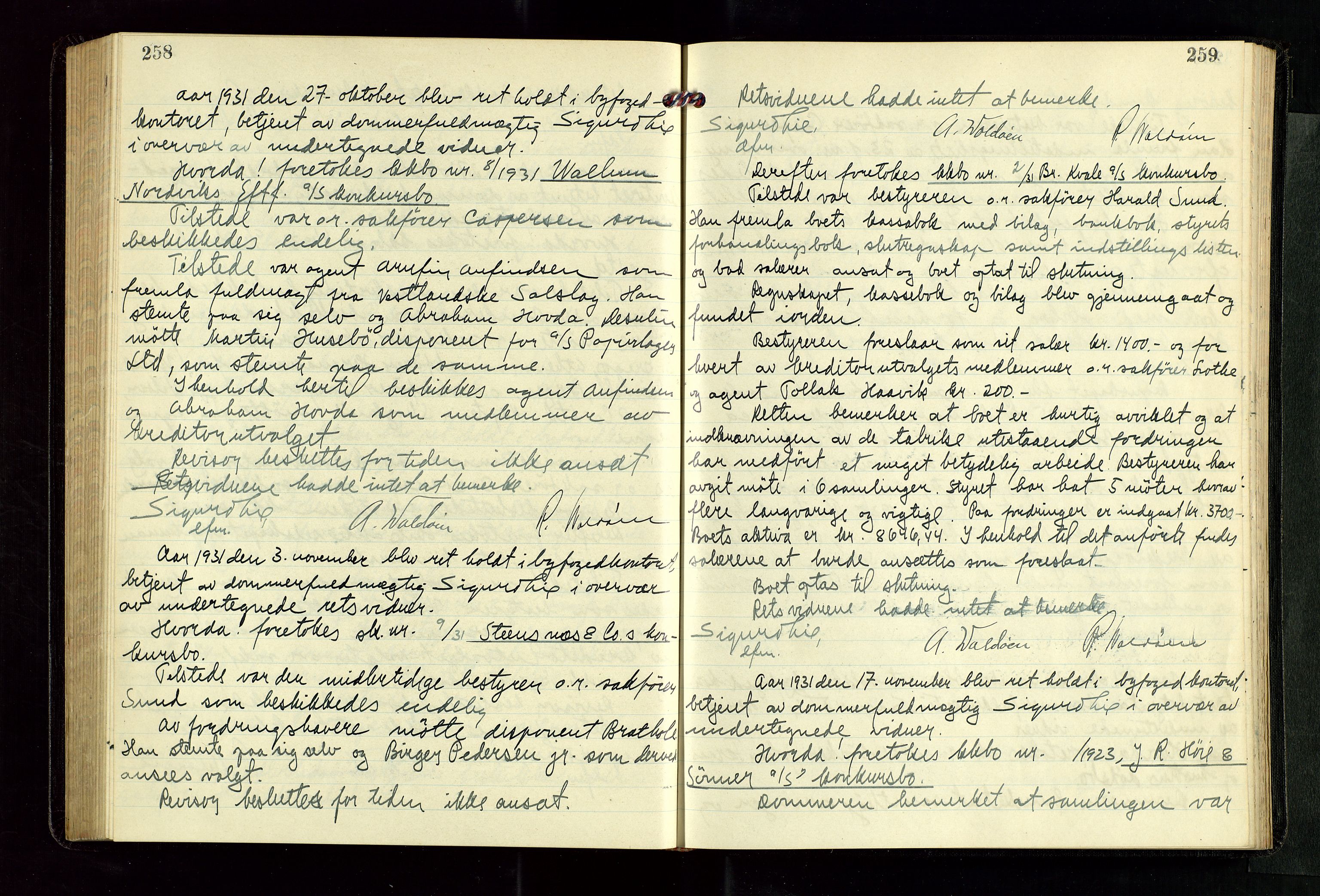 Haugesund tingrett, AV/SAST-A-101415/01/IV/IVC/L0006: Skifteforhandlingsprotokoll, med register, 1929-1933, s. 258-259