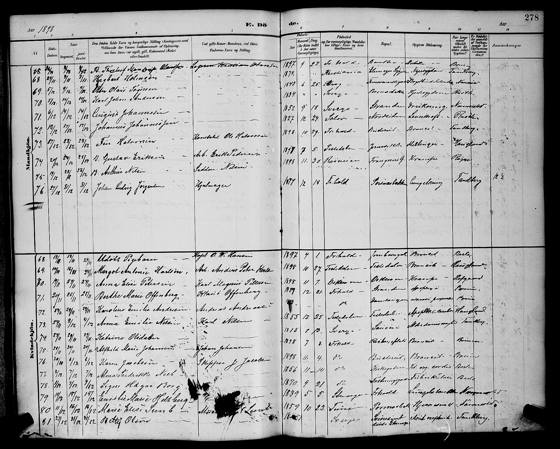 Halden prestekontor Kirkebøker, AV/SAO-A-10909/G/Ga/L0009: Klokkerbok nr. 9, 1885-1908, s. 278