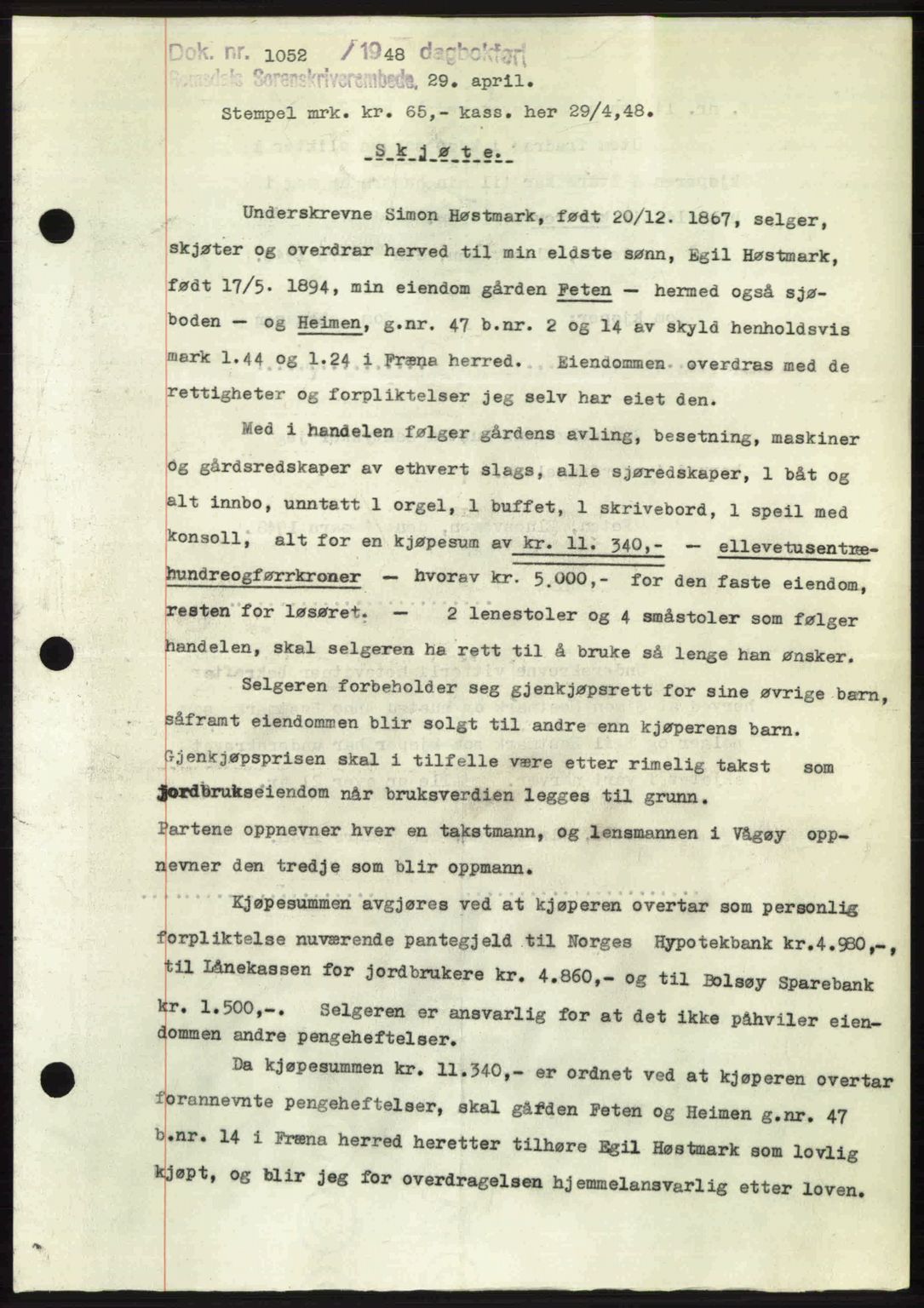 Romsdal sorenskriveri, SAT/A-4149/1/2/2C: Pantebok nr. A26, 1948-1948, Dagboknr: 1052/1948