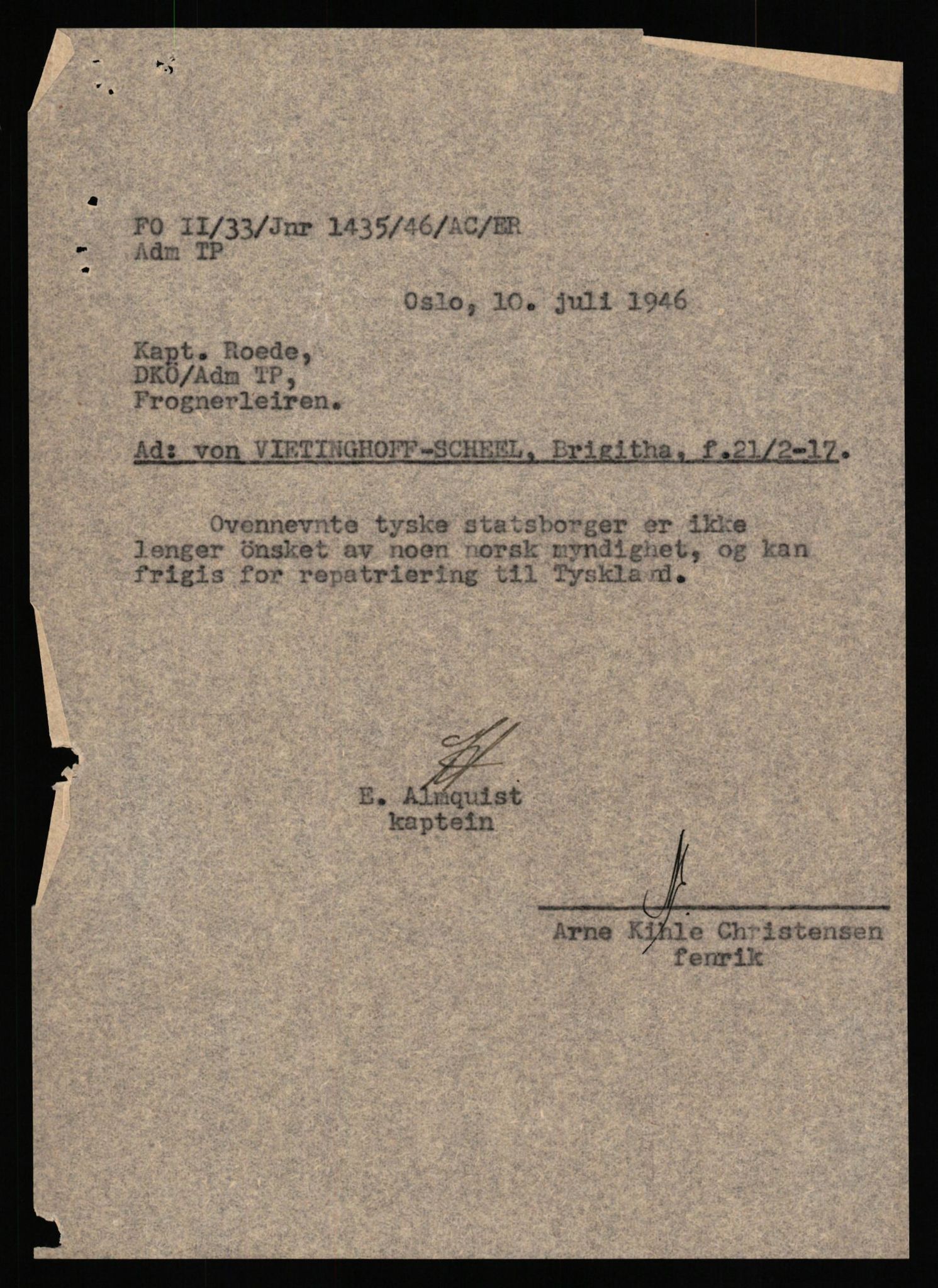 Forsvaret, Forsvarets overkommando II, AV/RA-RAFA-3915/D/Db/L0034: CI Questionaires. Tyske okkupasjonsstyrker i Norge. Tyskere., 1945-1946, s. 286