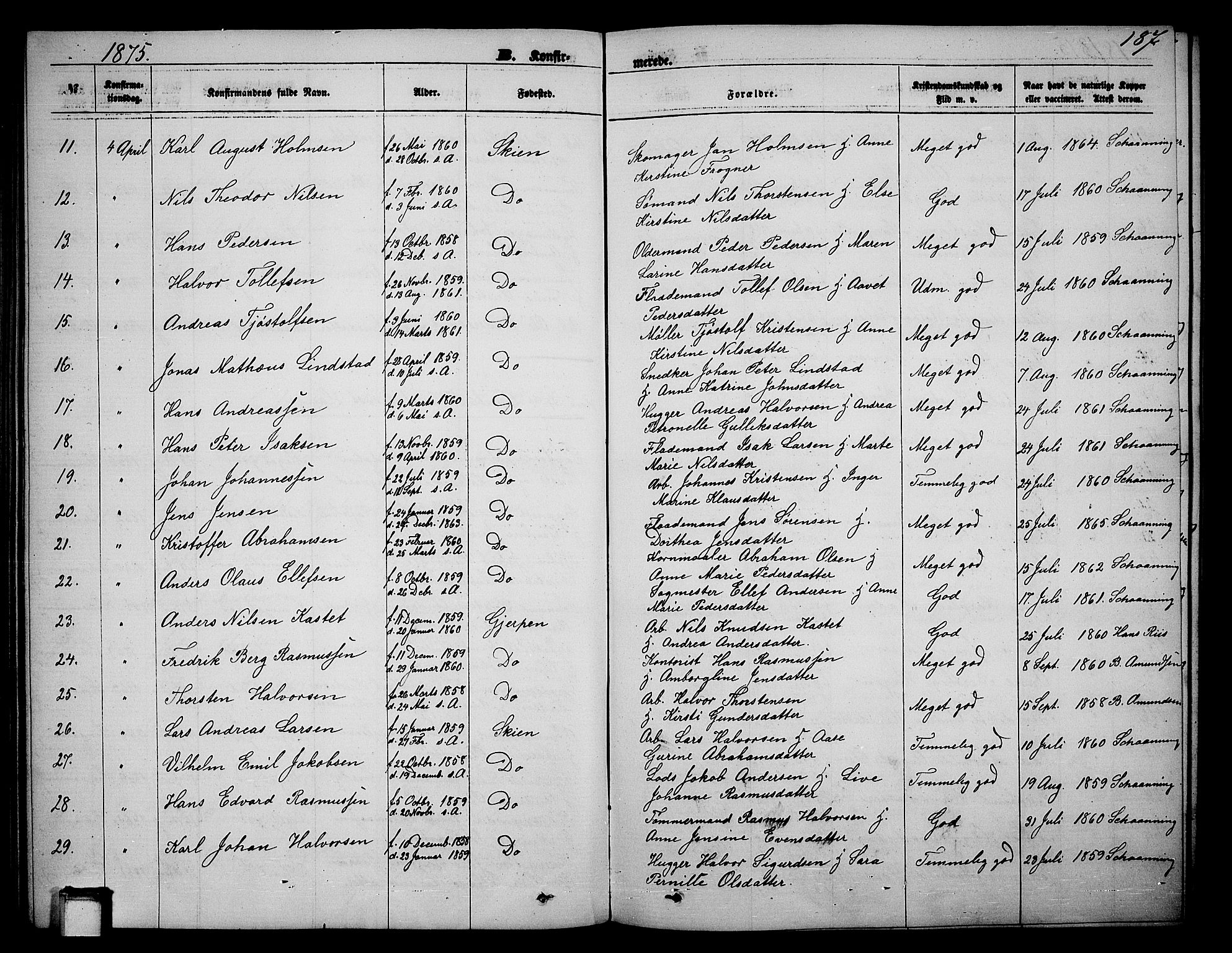 Skien kirkebøker, AV/SAKO-A-302/G/Ga/L0005: Klokkerbok nr. 5, 1868-1880, s. 187