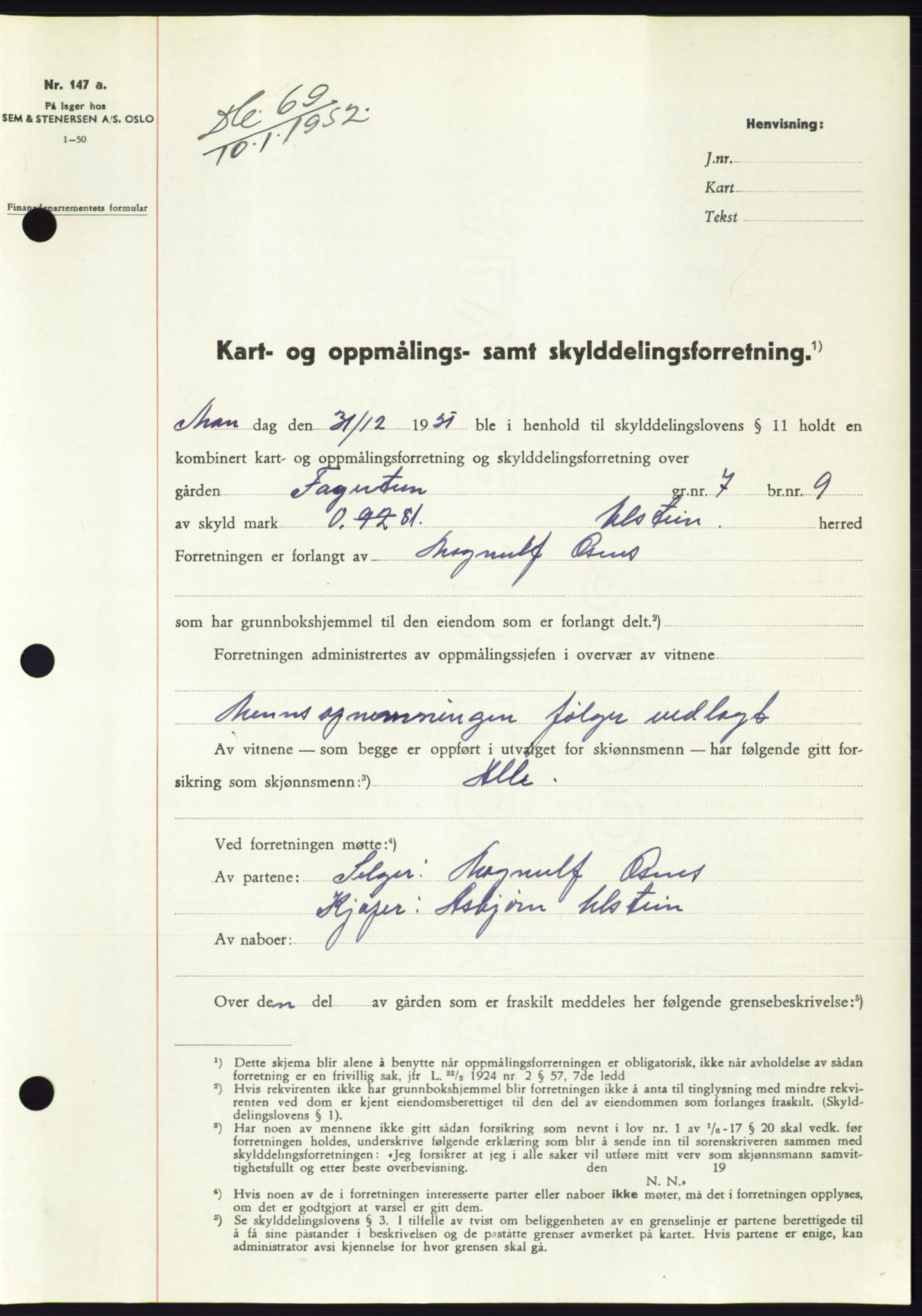 Søre Sunnmøre sorenskriveri, SAT/A-4122/1/2/2C/L0091: Pantebok nr. 17A, 1951-1952, Dagboknr: 69/1952