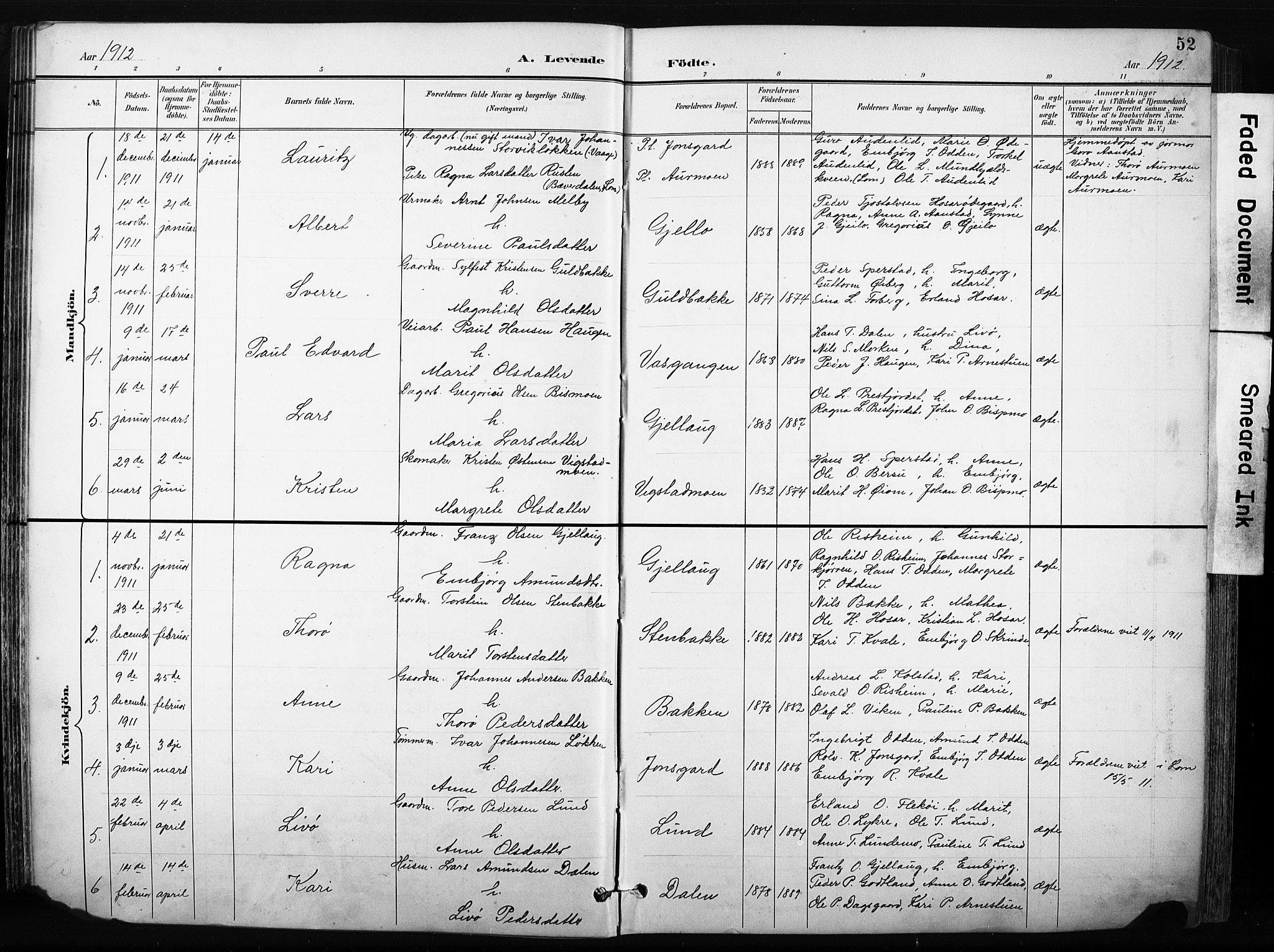 Skjåk prestekontor, AV/SAH-PREST-072/H/Ha/Hab/L0003: Klokkerbok nr. 3, 1893-1932, s. 52