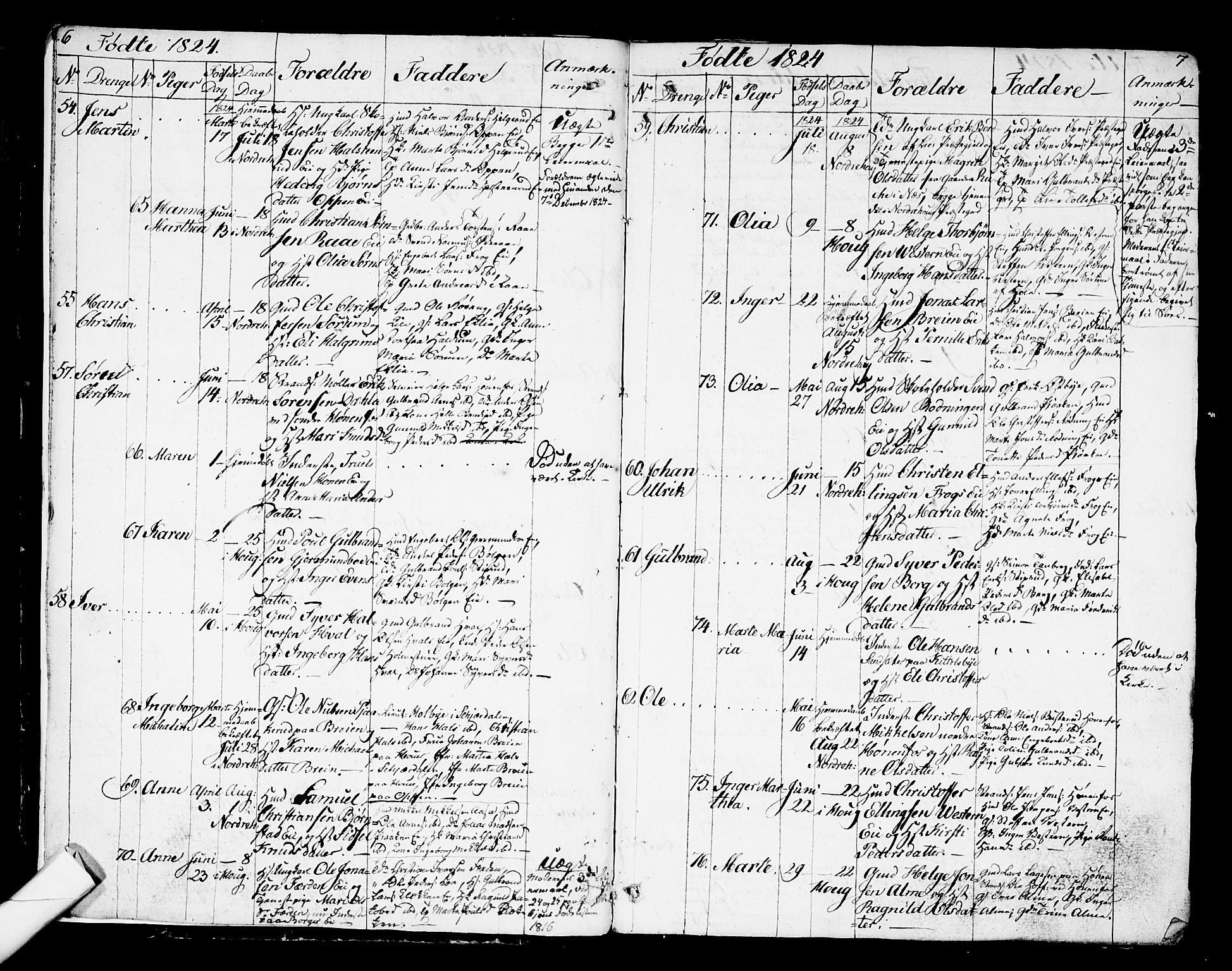 Norderhov kirkebøker, AV/SAKO-A-237/G/Ga/L0004: Klokkerbok nr. I 4, 1824-1849, s. 6-7